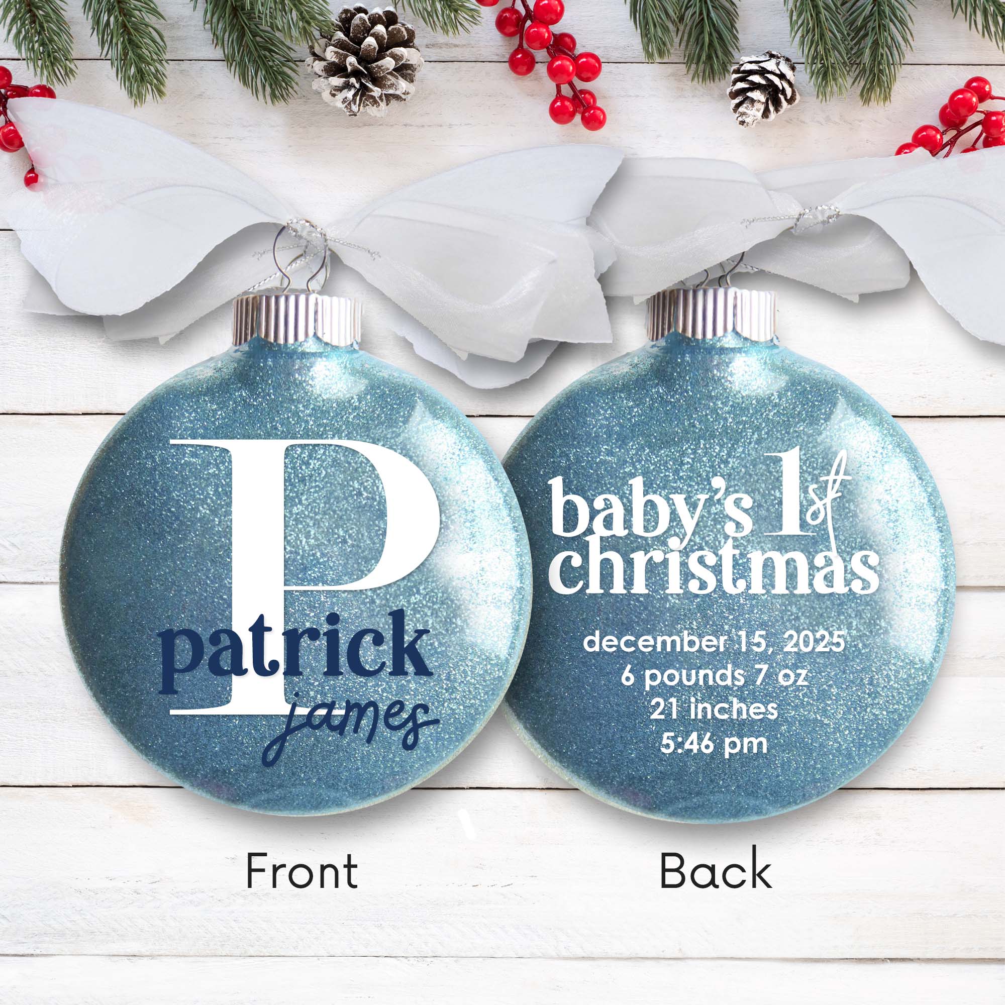 Baby Girl Birth Stats Glitter Christmas Ornament – Personalized