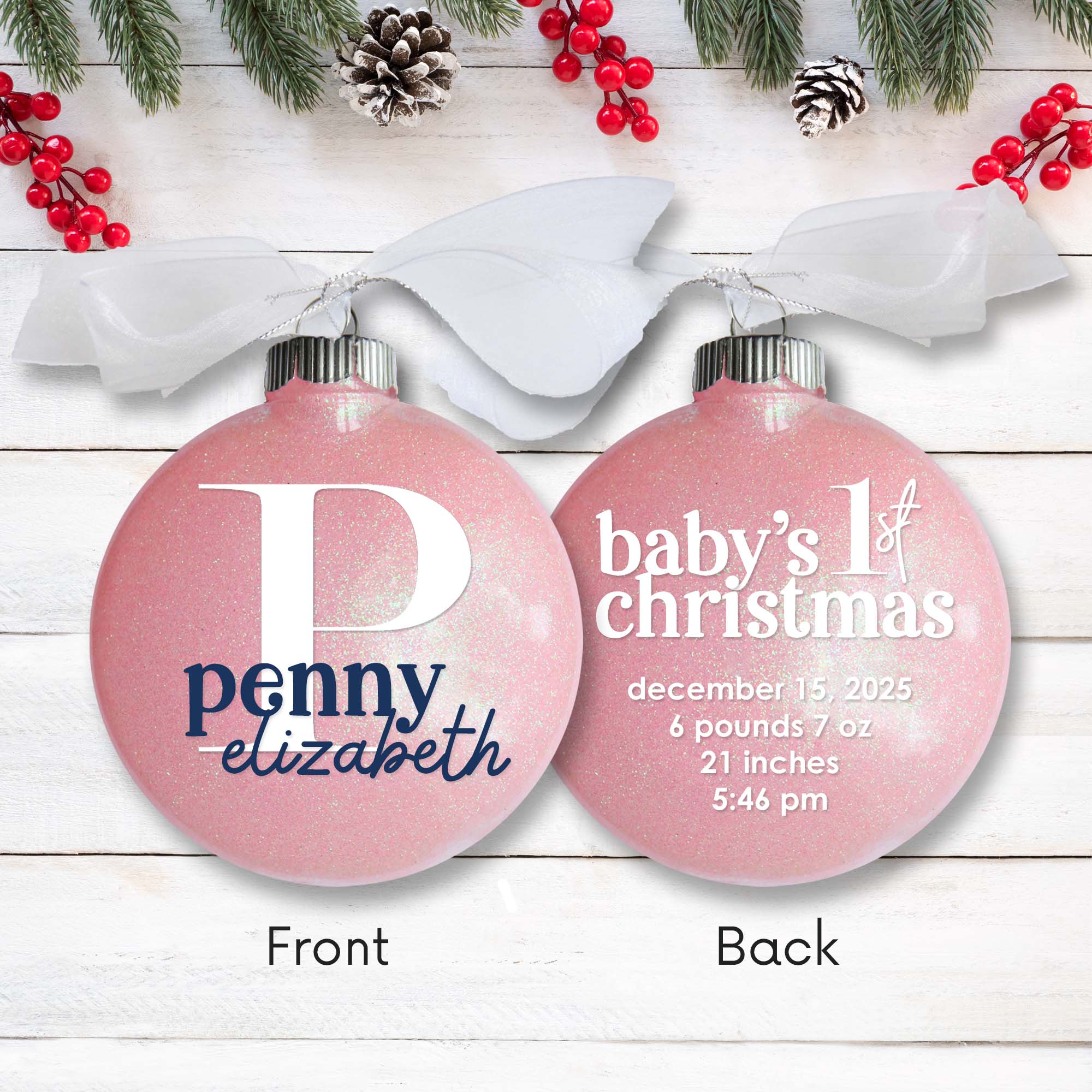 Baby Boy Birth Stats Glitter Christmas Ornament – Personalized - Firefly Wishes