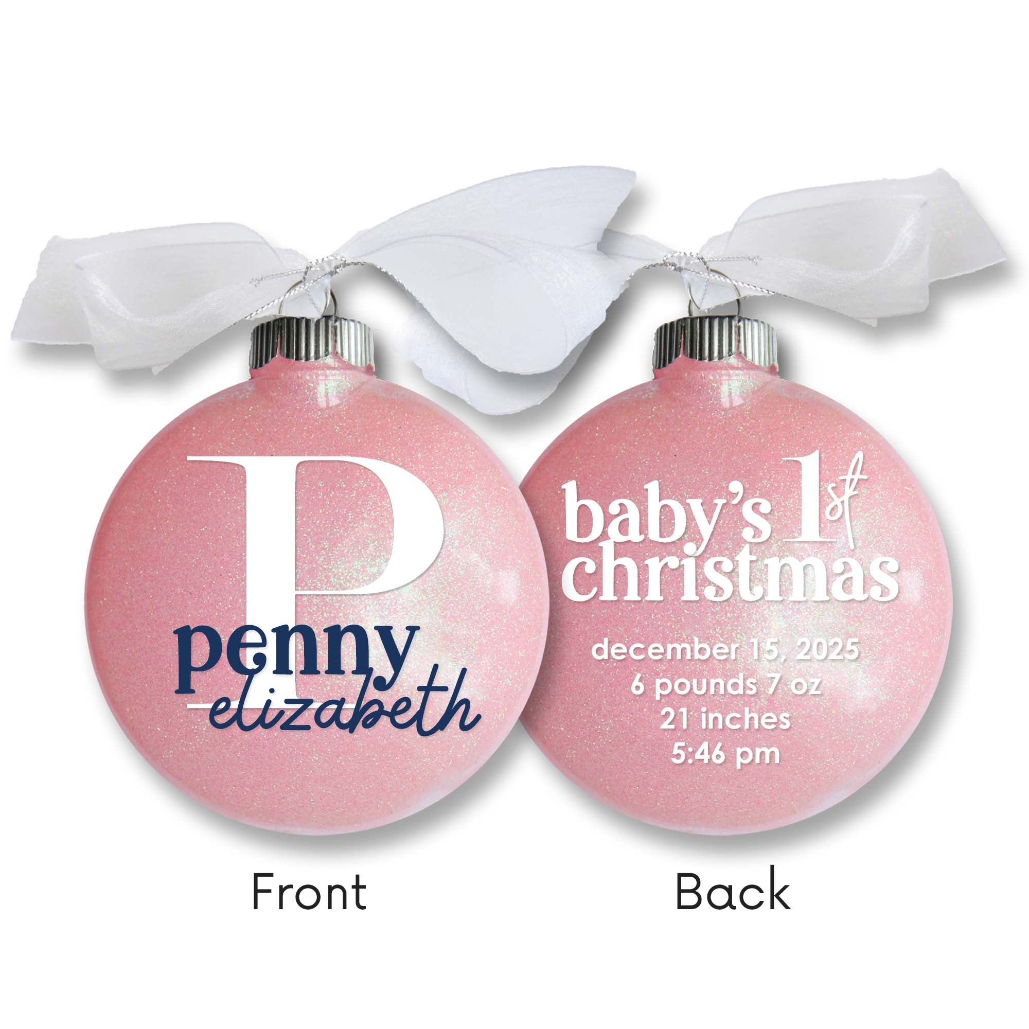 Baby Girl Birth Stats Glitter Christmas Ornament – Personalized