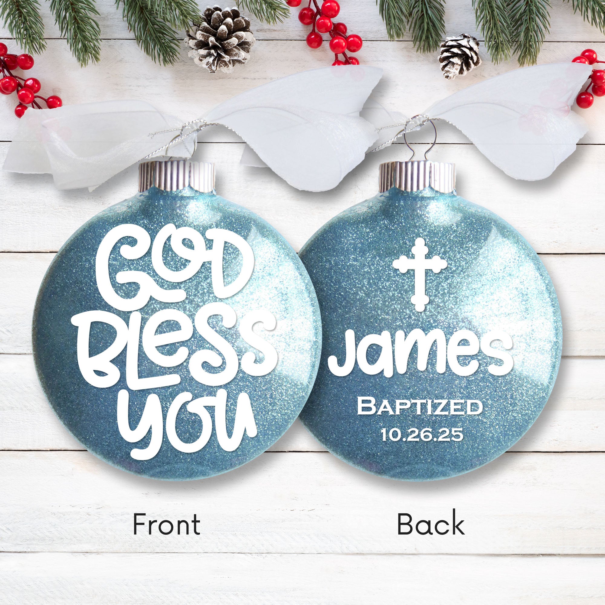 Personalized Baptism Glitter Ornament – God Bless You Keepsake