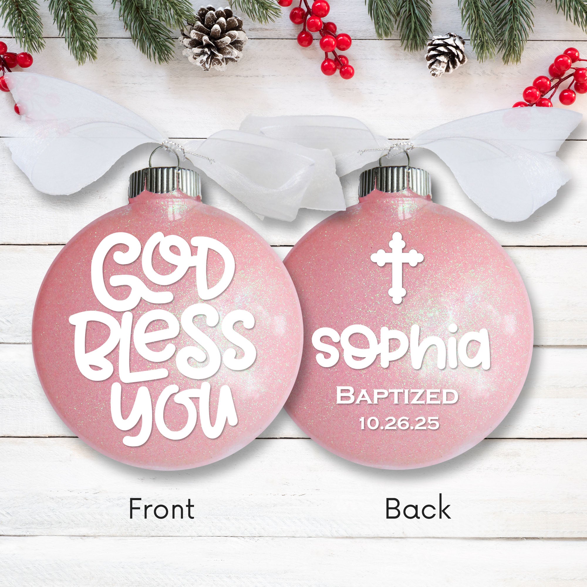 Personalized Baptism Glitter Ornament – God Bless You Keepsake
