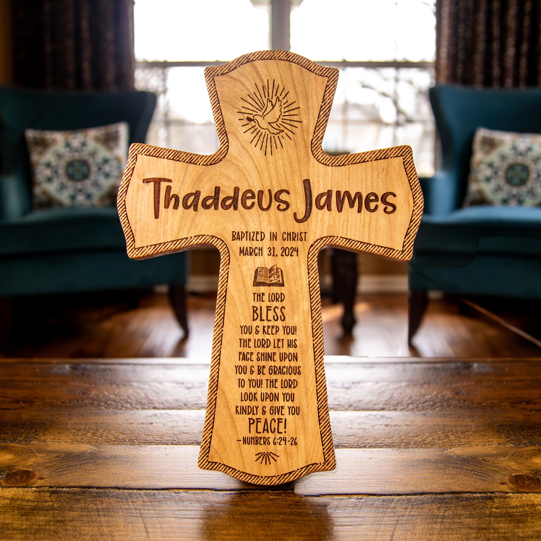 Baptism Personalized Wood Cross - Engraved Baby Name & Date - Firefly Wishes