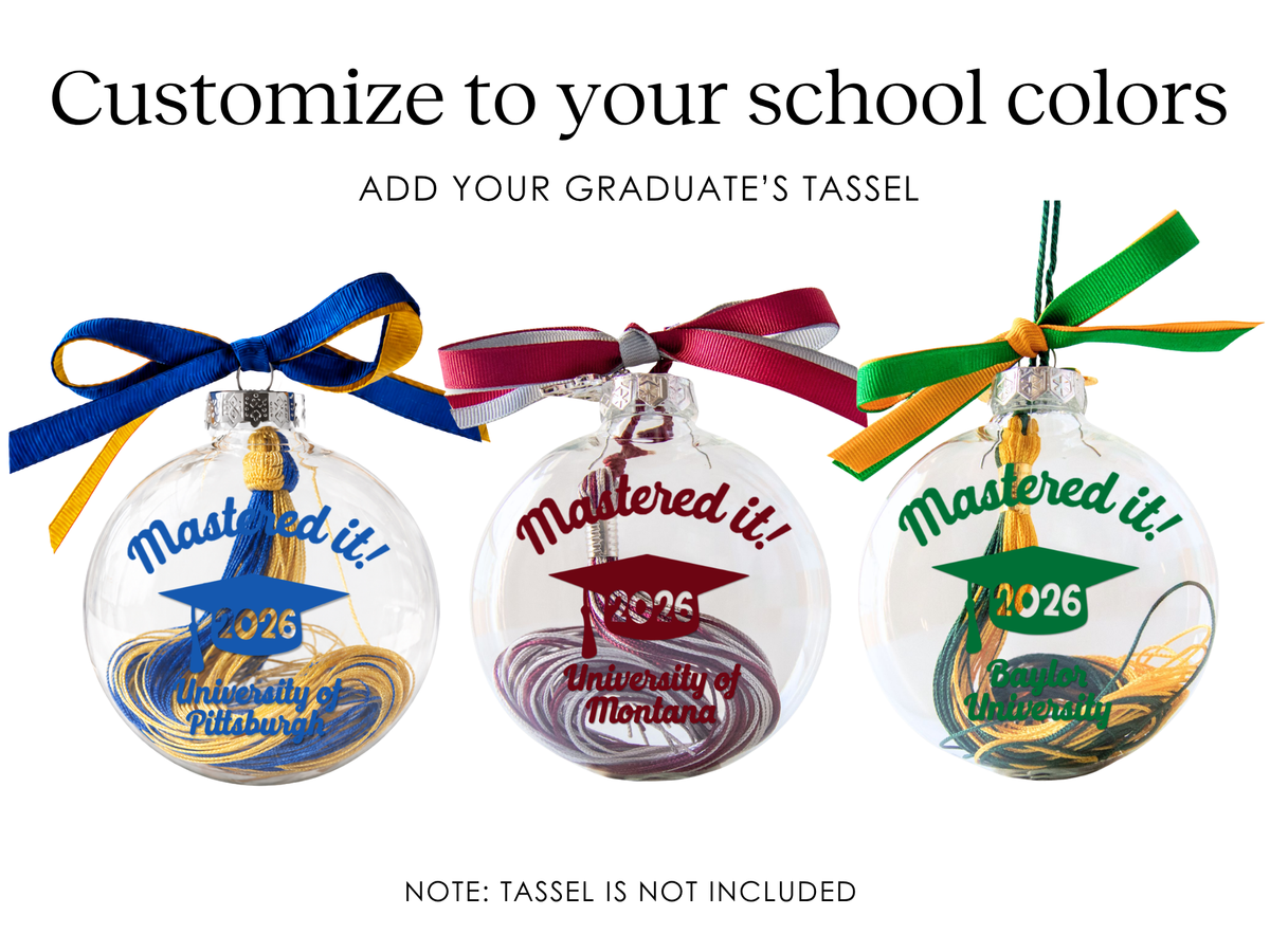 Personalized Master’s Degree Tassel Ornament, “Mastered It!” Graduation Keepsake in School Colors - Firefly Wishes
