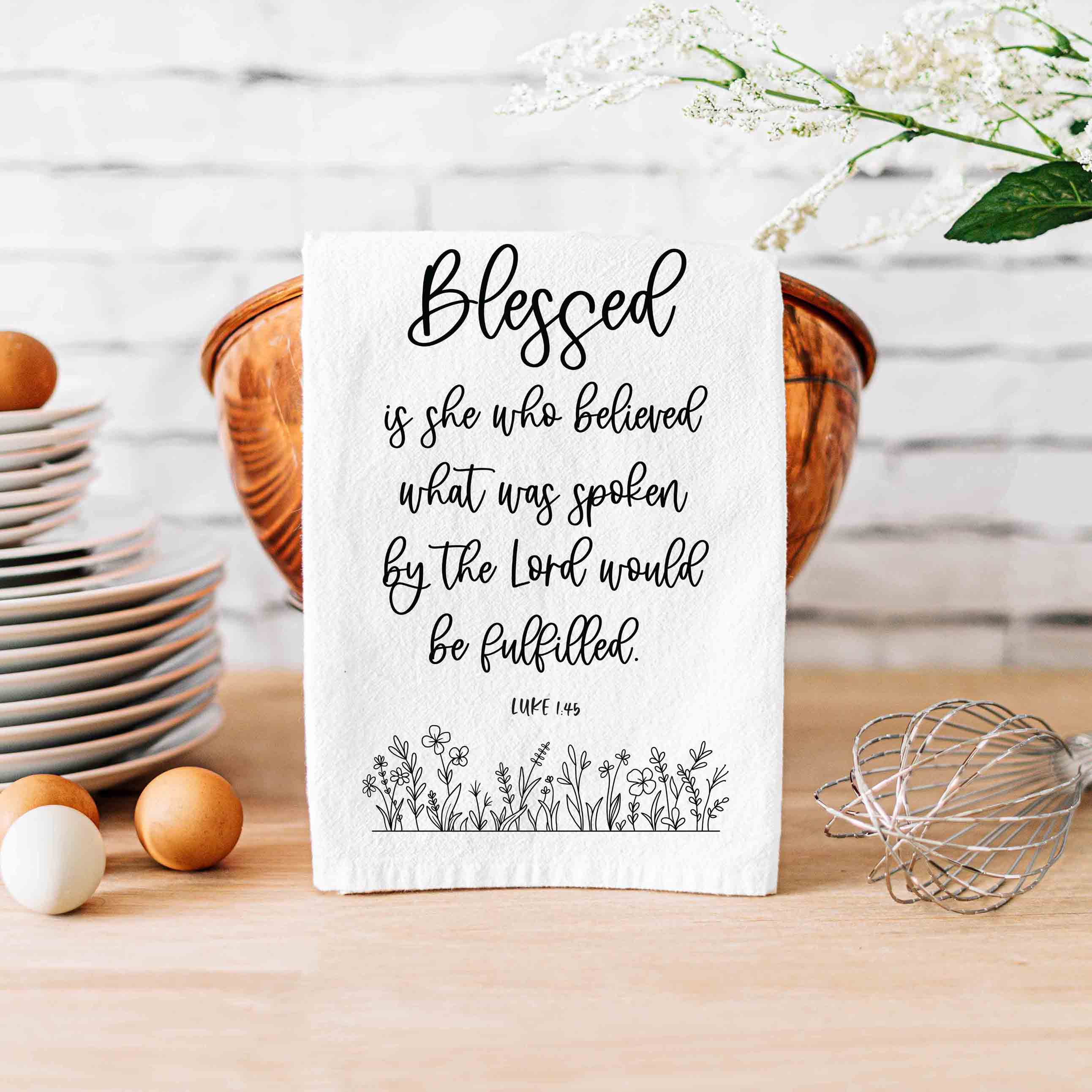 Blessed is She Who Believed Christian Kitchen Towel - Firefly Wishes