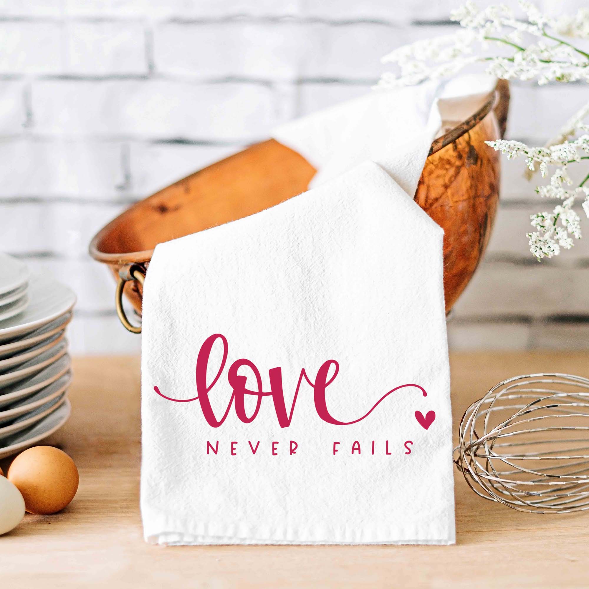 Love Never Fails Kitchen Towel - Firefly Wishes