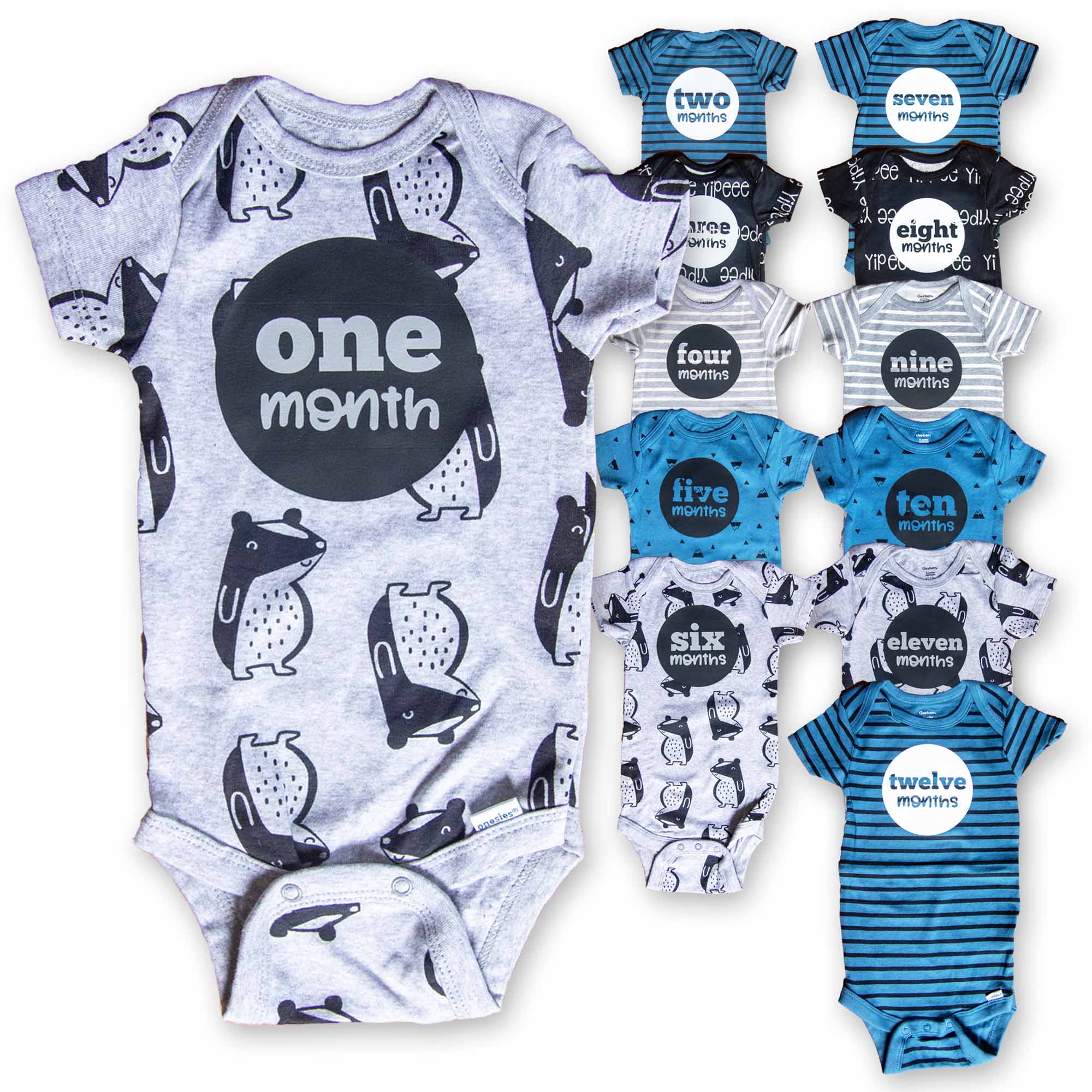 Baby Boy Monthly Photo Onesies - Set of 12: Badger Adventure - Firefly Wishes