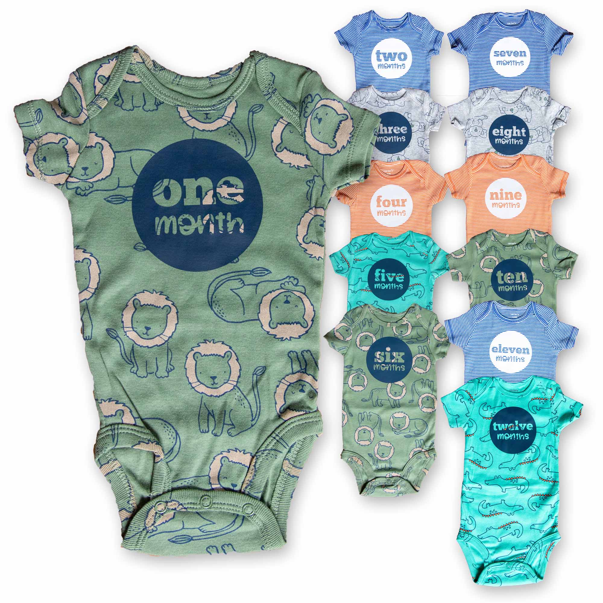 Baby Boy Monthly Photo Bodysuit Set – Jungle Animals and Stripes - Firefly Wishes