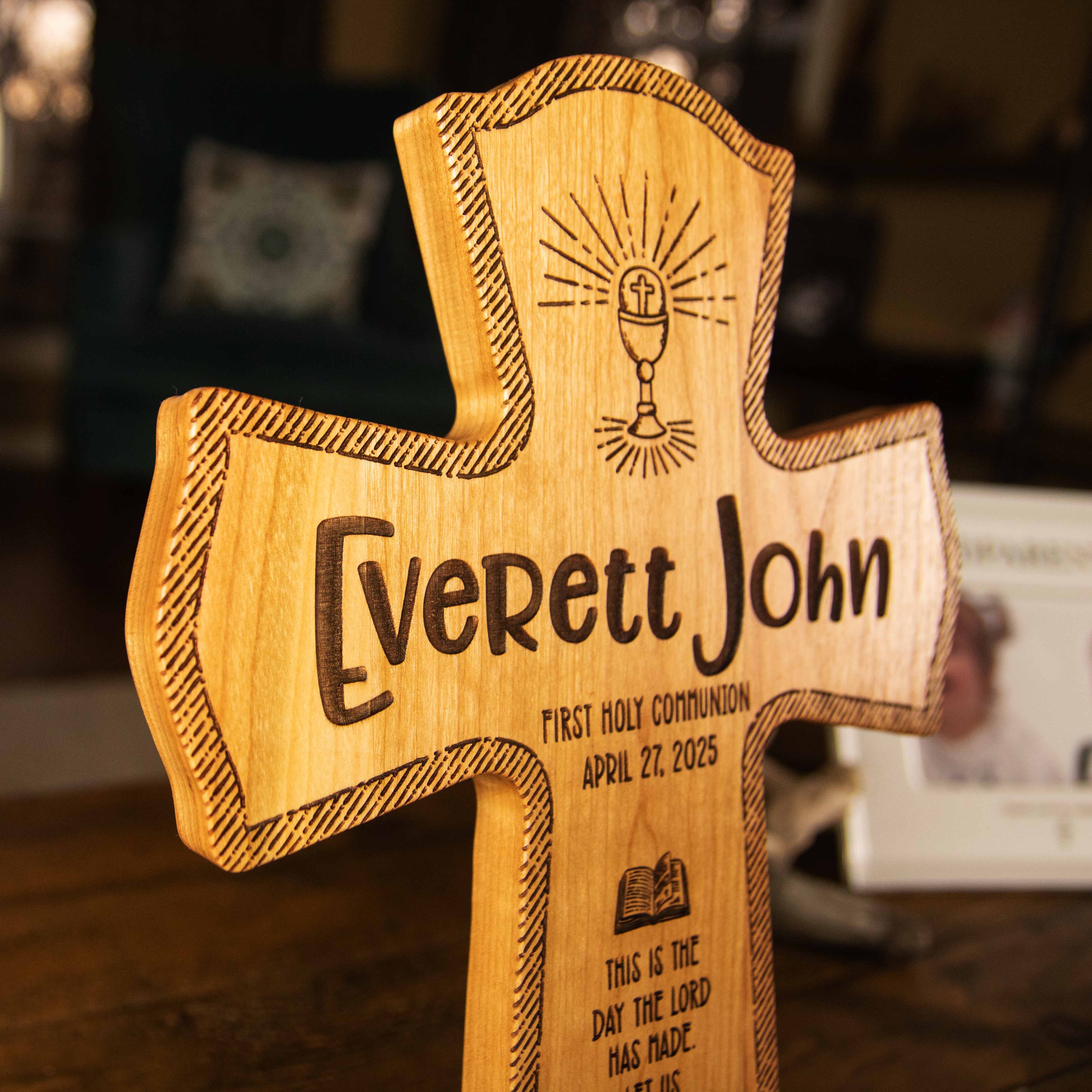 First Holy Communion Personalized Wood Cross - Catholic Keepsake Gift - Firefly Wishes