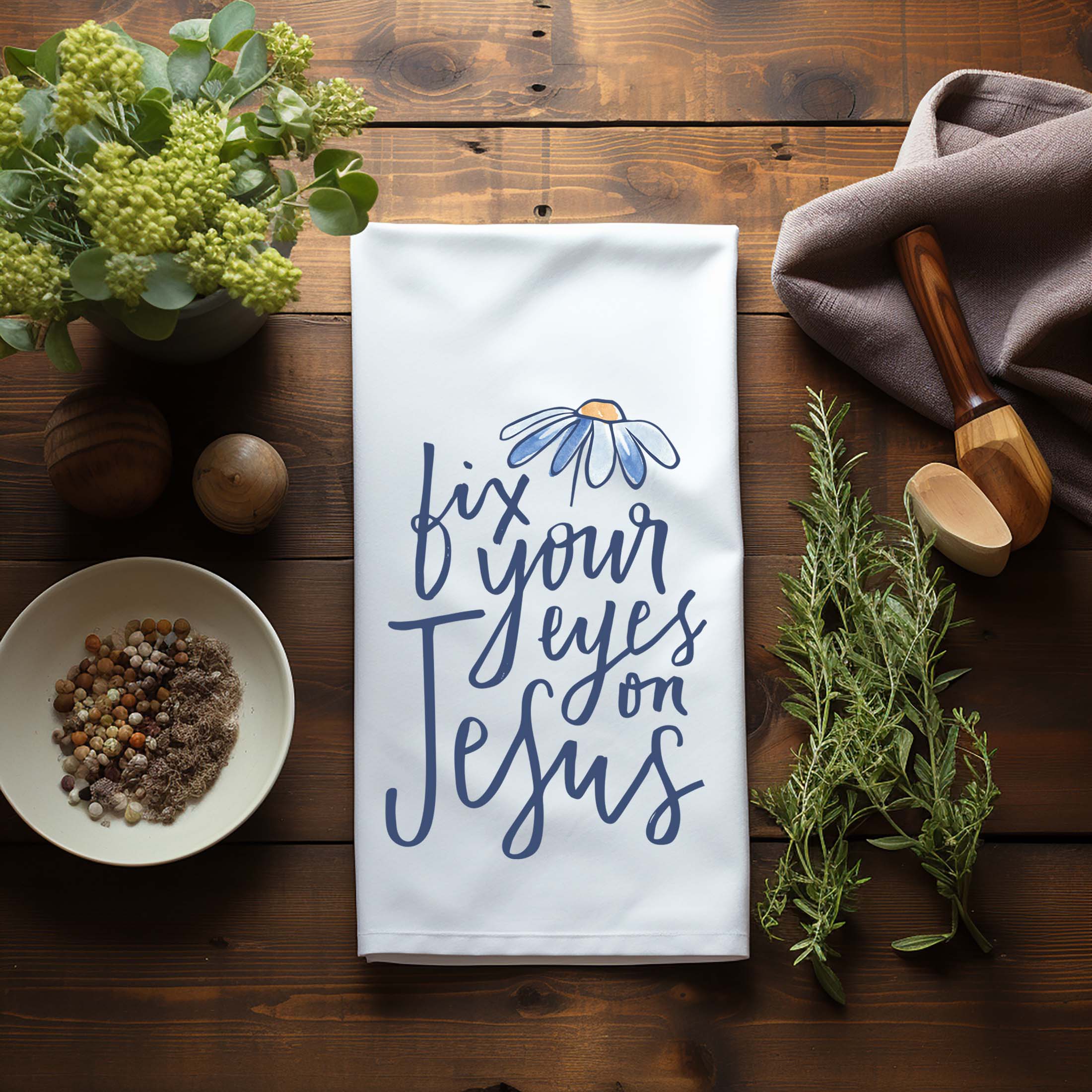 Fix Your Eyes on Jesus – Christian Bible Verse Kitchen Towel (Hebrews 12:2) - Firefly Wishes