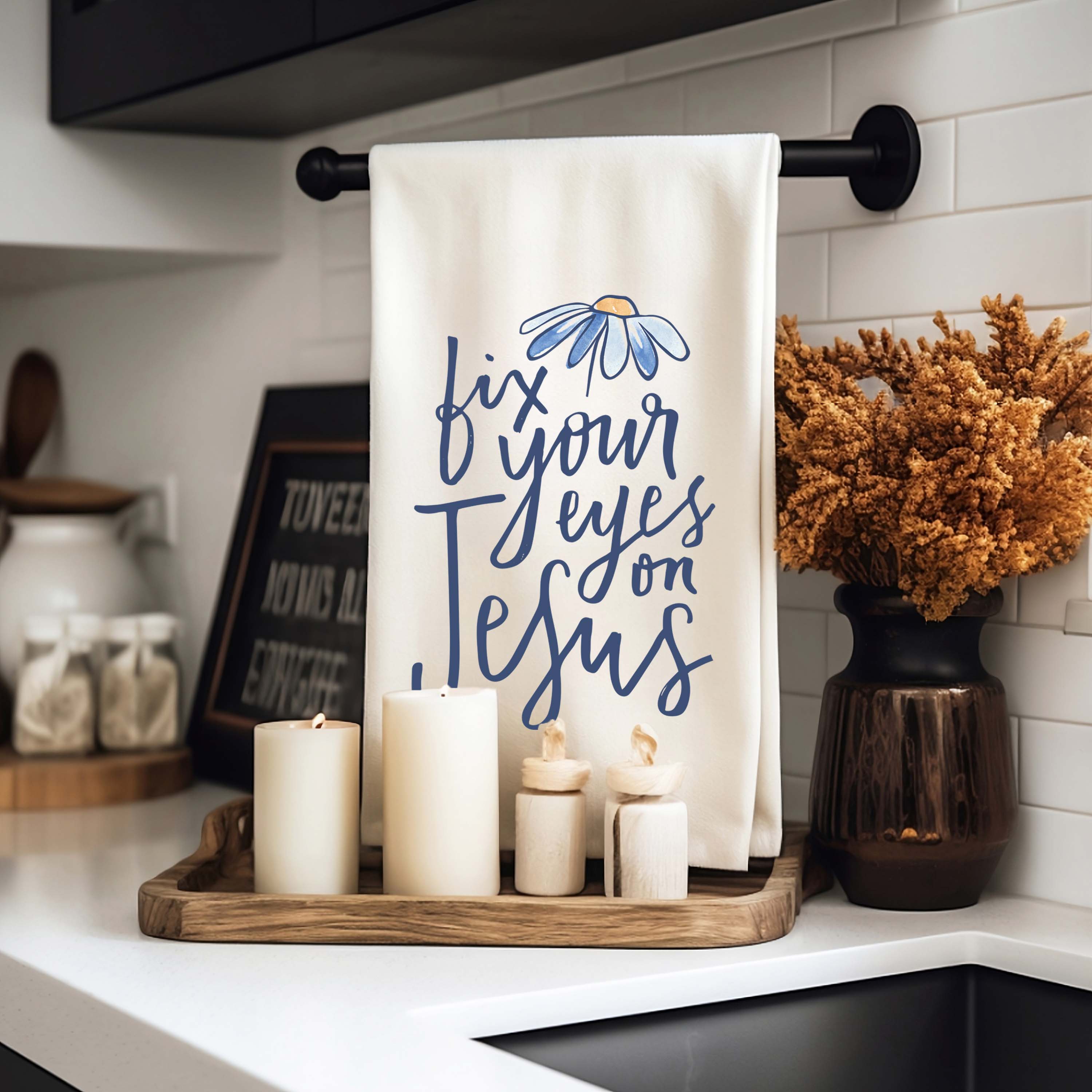 Fix Your Eyes on Jesus – Christian Bible Verse Kitchen Towel (Hebrews 12:2)