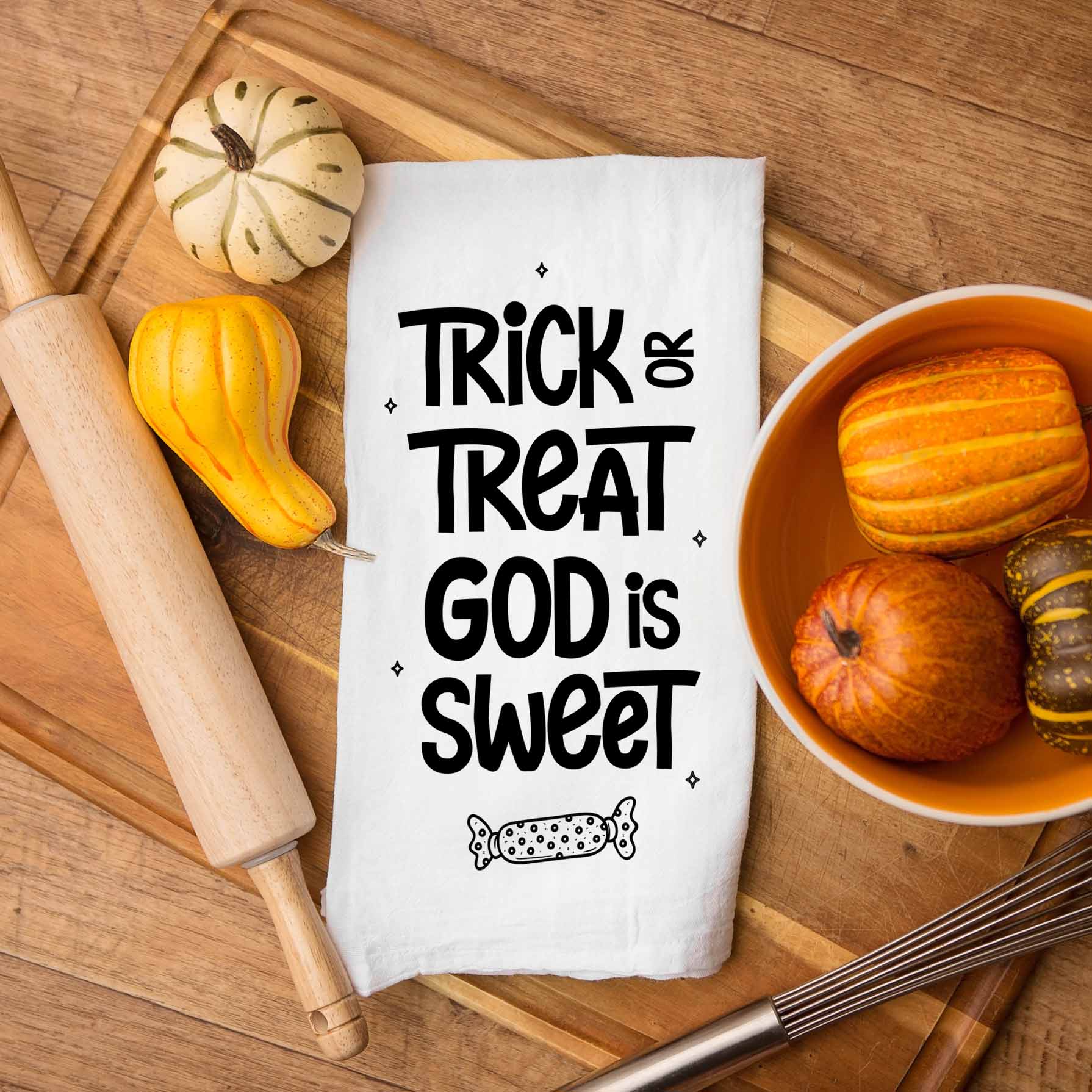 Halloween Christian Kitchen Towel - Trick or Treat God is Sweet - Firefly Wishes