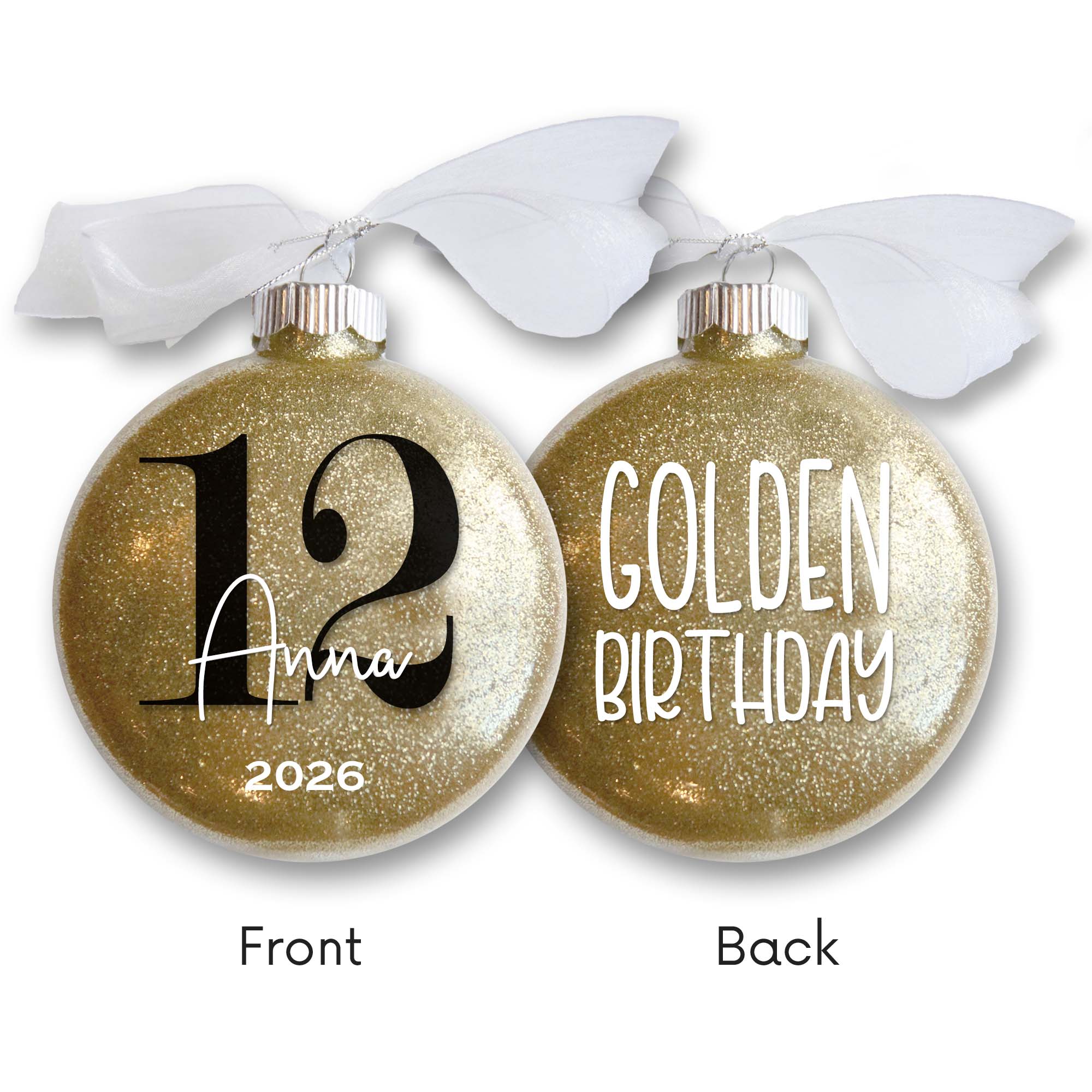 Personalized Golden Birthday Glitter Christmas Ornament - Custom Name & Year - Firefly Wishes
