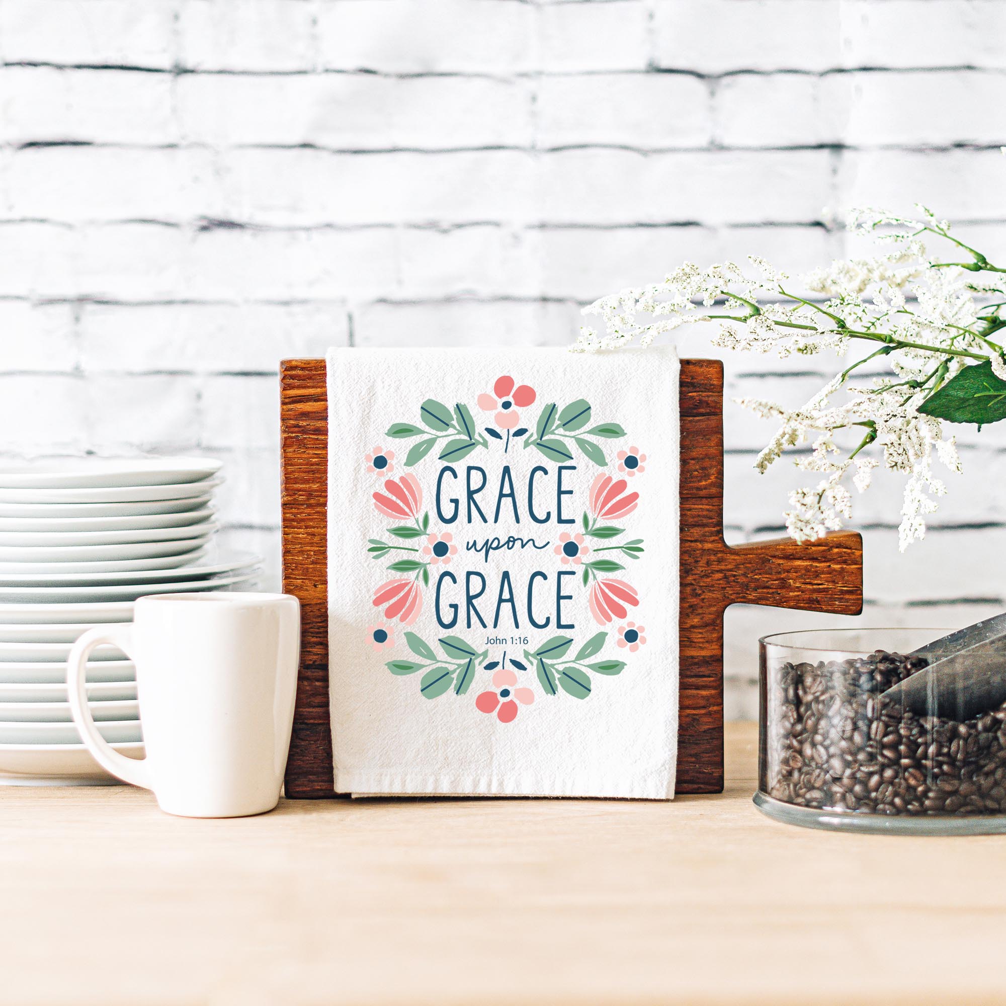 Grace Upon Grace Kitchen Towel - John 1:16 Bible Verse - Firefly Wishes