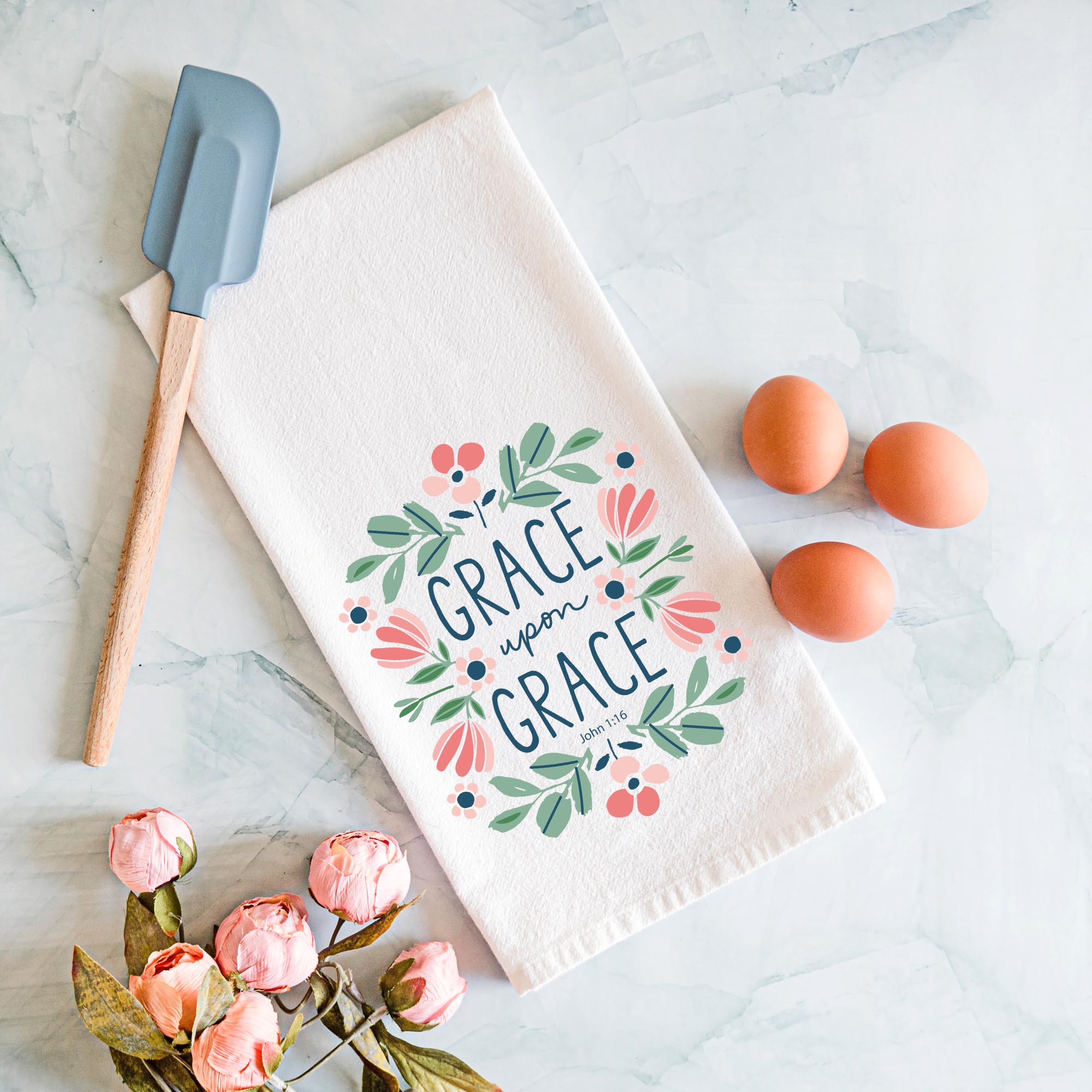 Grace Upon Grace Kitchen Towel - John 1:16 Bible Verse - Firefly Wishes