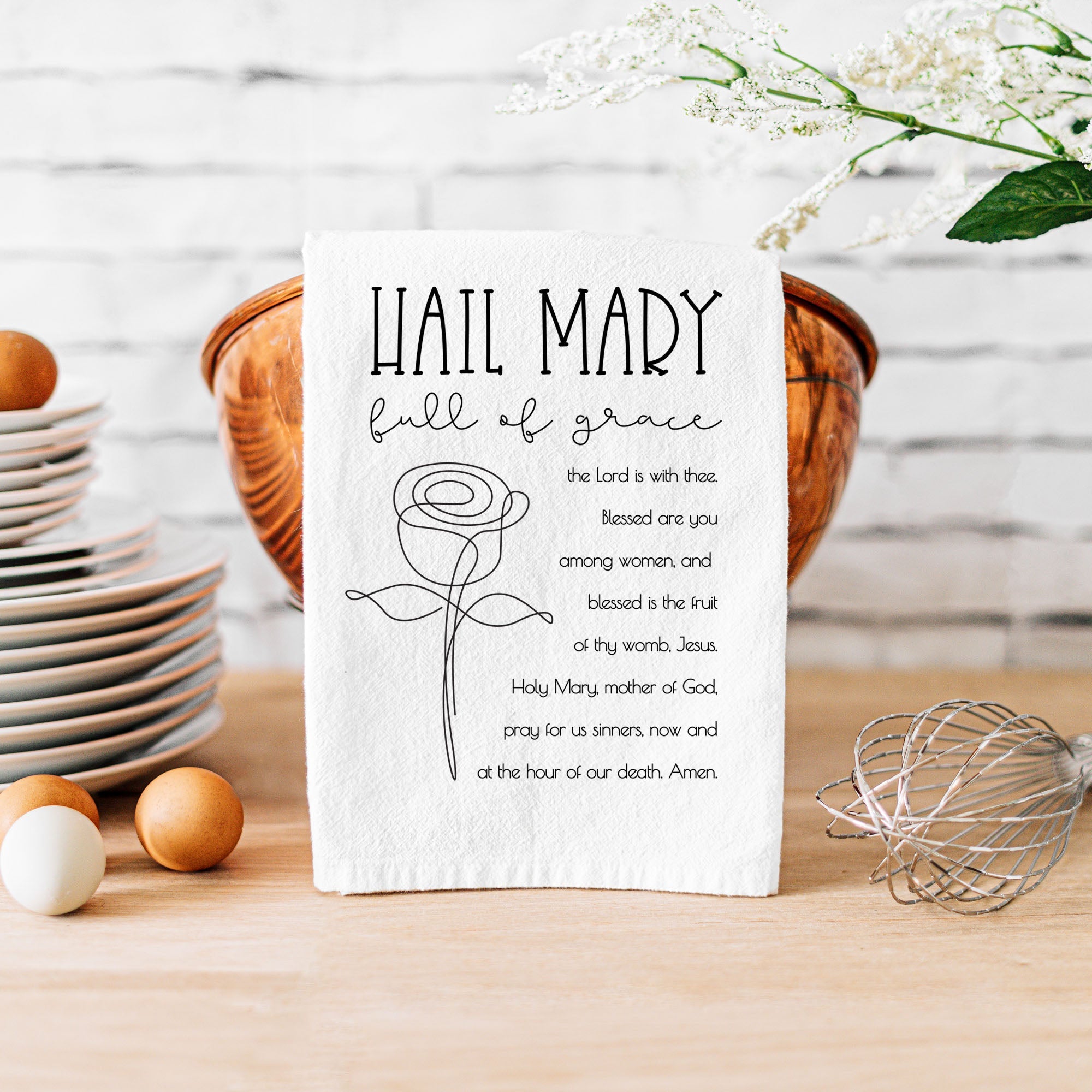 Hail Mary Kitchen Towel - Catholic Prayer Tea Towel - Firefly Wishes
