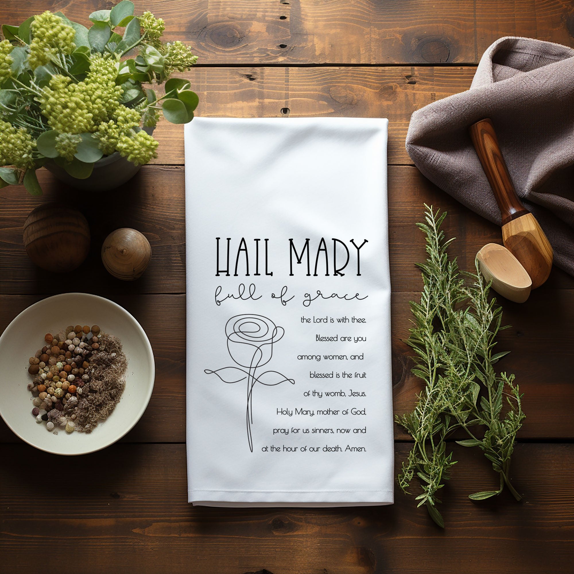 Hail Mary Kitchen Towel - Catholic Prayer Tea Towel - Firefly Wishes