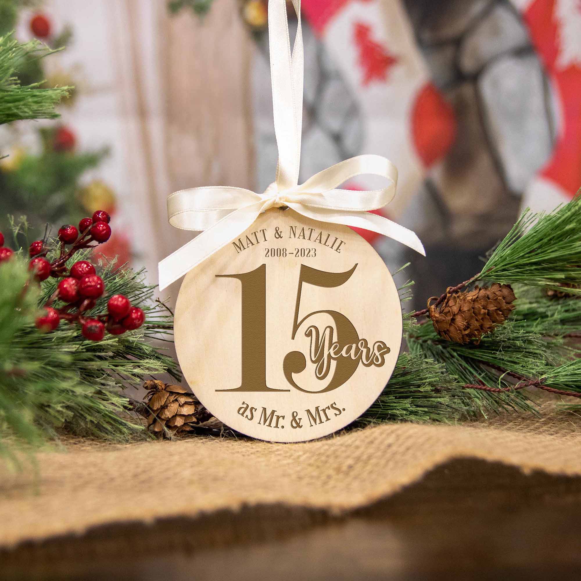 15th Wedding Anniversary Wood Christmas Ornament