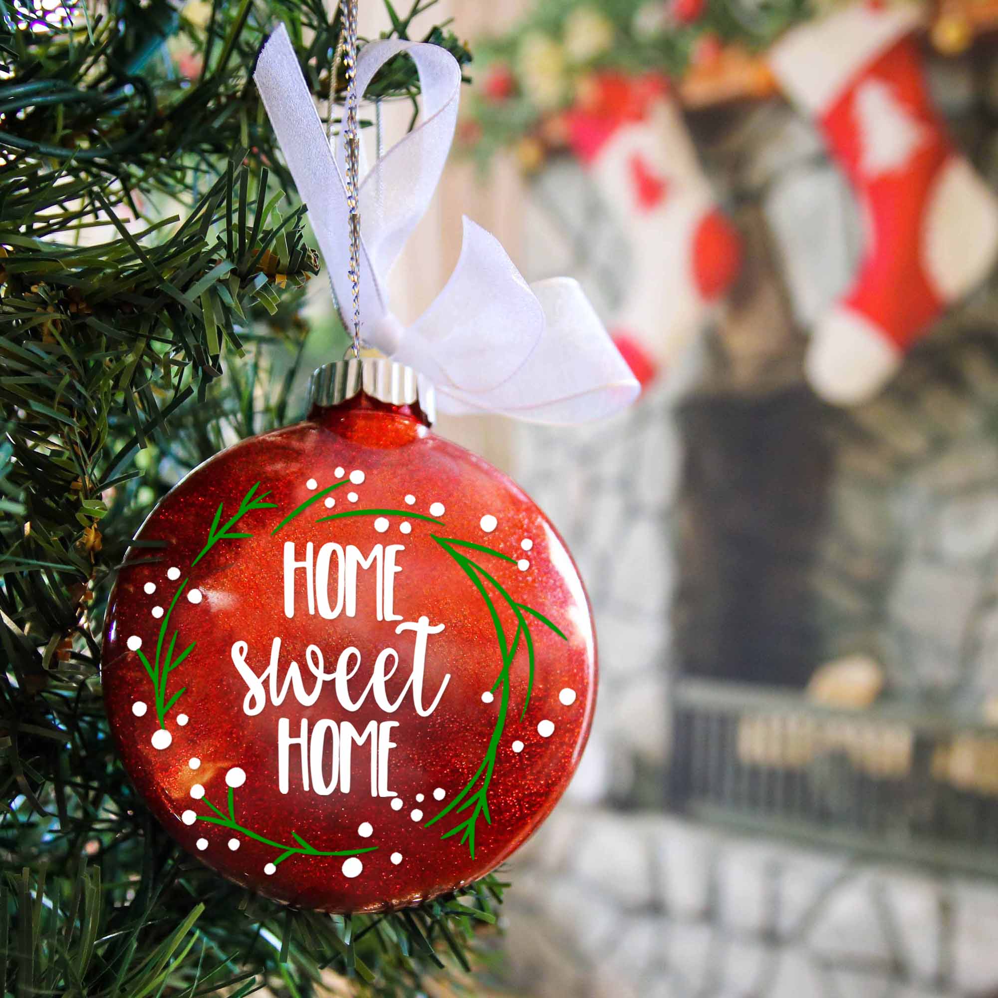 Personalized Home Sweet Home Glitter Christmas Ornament - Names & Address - Firefly Wishes