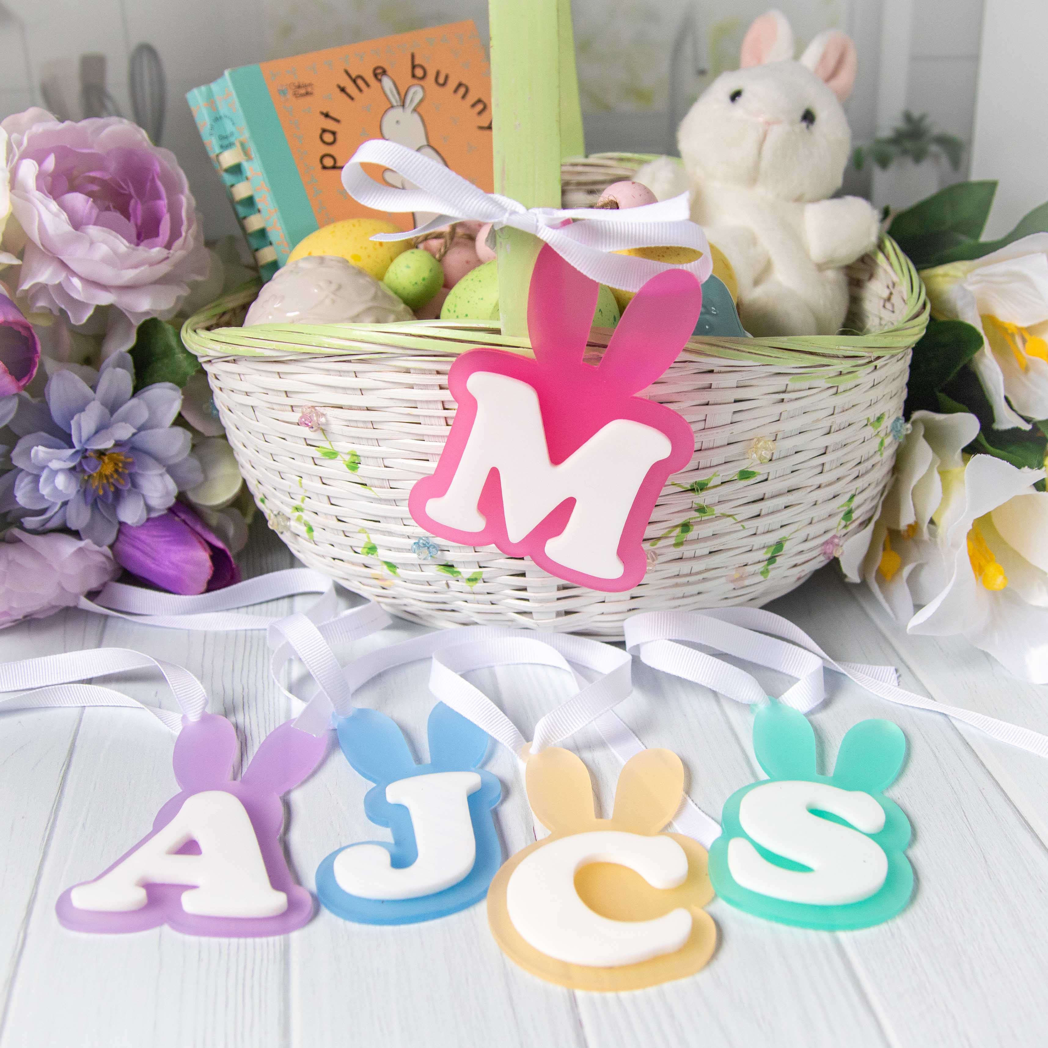 Easter Basket Name Tags, Bunny Ear Monogram Ornament, Personalized Easter Decoration - Firefly Wishes