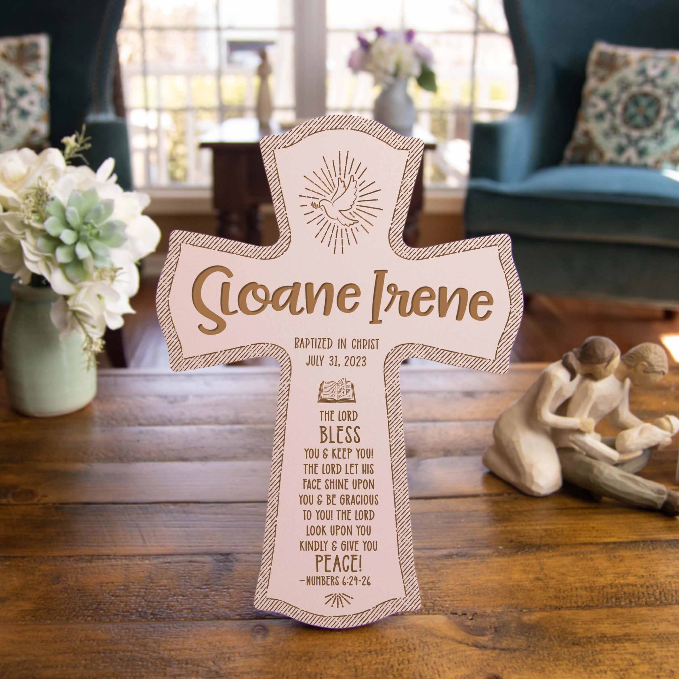 Baptism Personalized Wood Cross - Engraved Baby Name & Date - Firefly Wishes