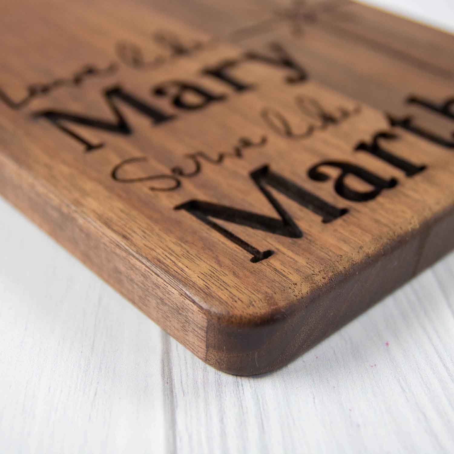 Christian Walnut Wood Cutting Board - Love Like Mary Serve Like Martha - Firefly Wishes