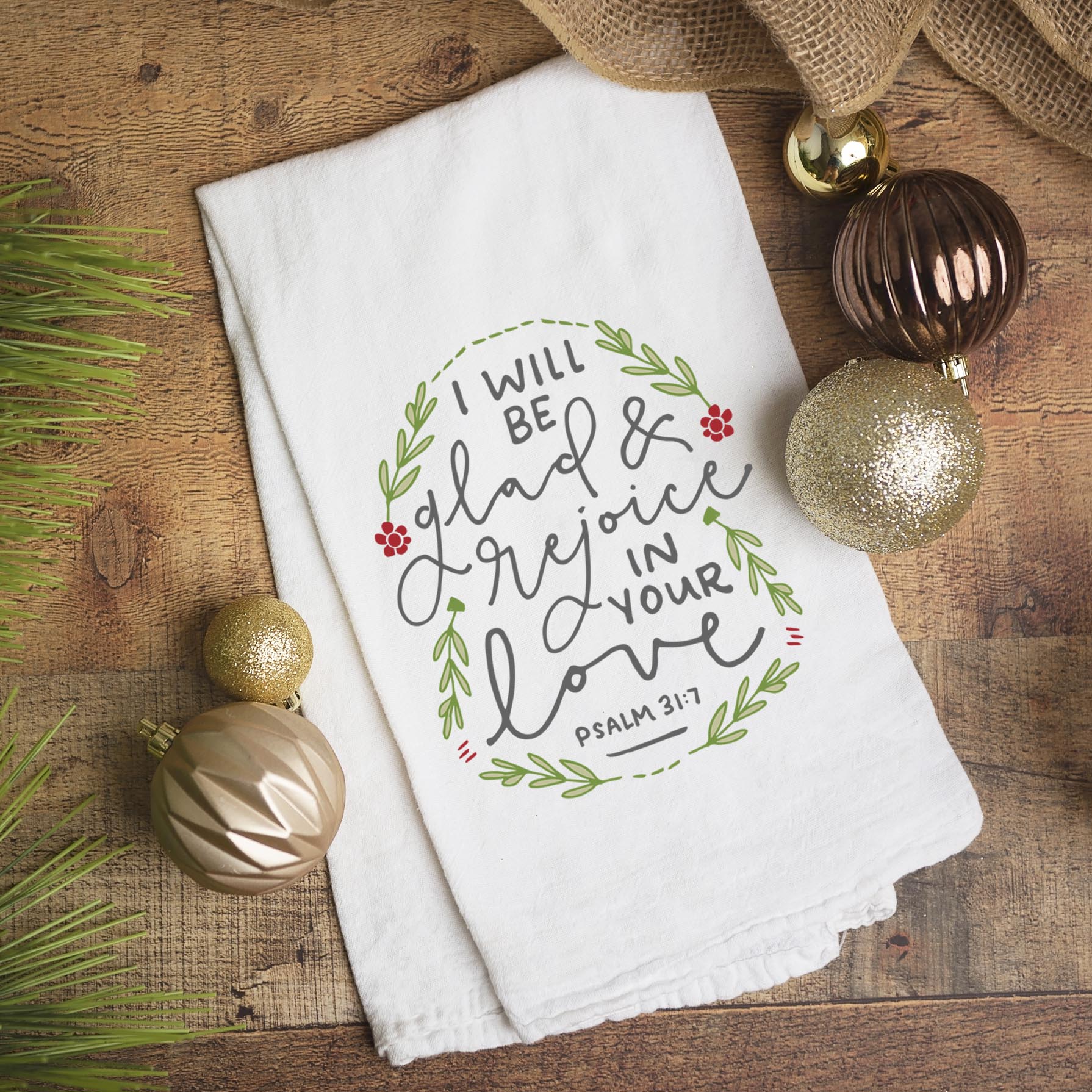 Christian Christmas & New Year Kitchen Towel – Psalm 31:7 Rejoice - Firefly Wishes