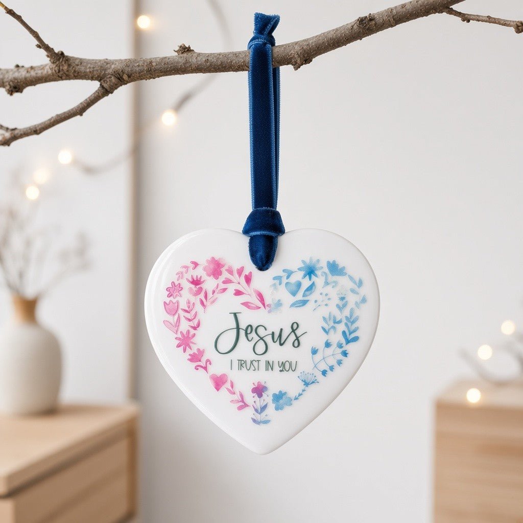 Jesus, I Trust in You Ceramic Heart Ornament — Divine Mercy - Firefly Wishes