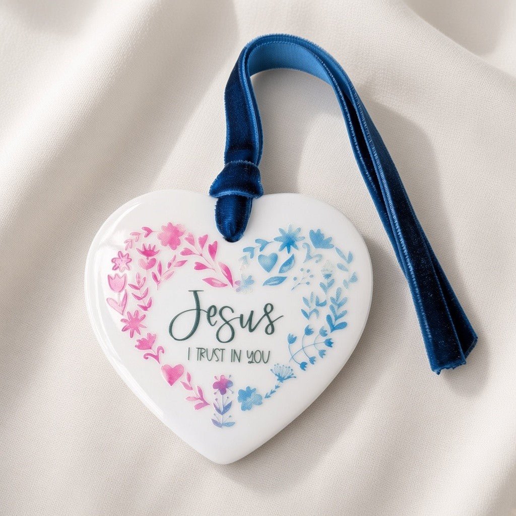 Jesus, I Trust in You Ceramic Heart Ornament — Divine Mercy - Firefly Wishes