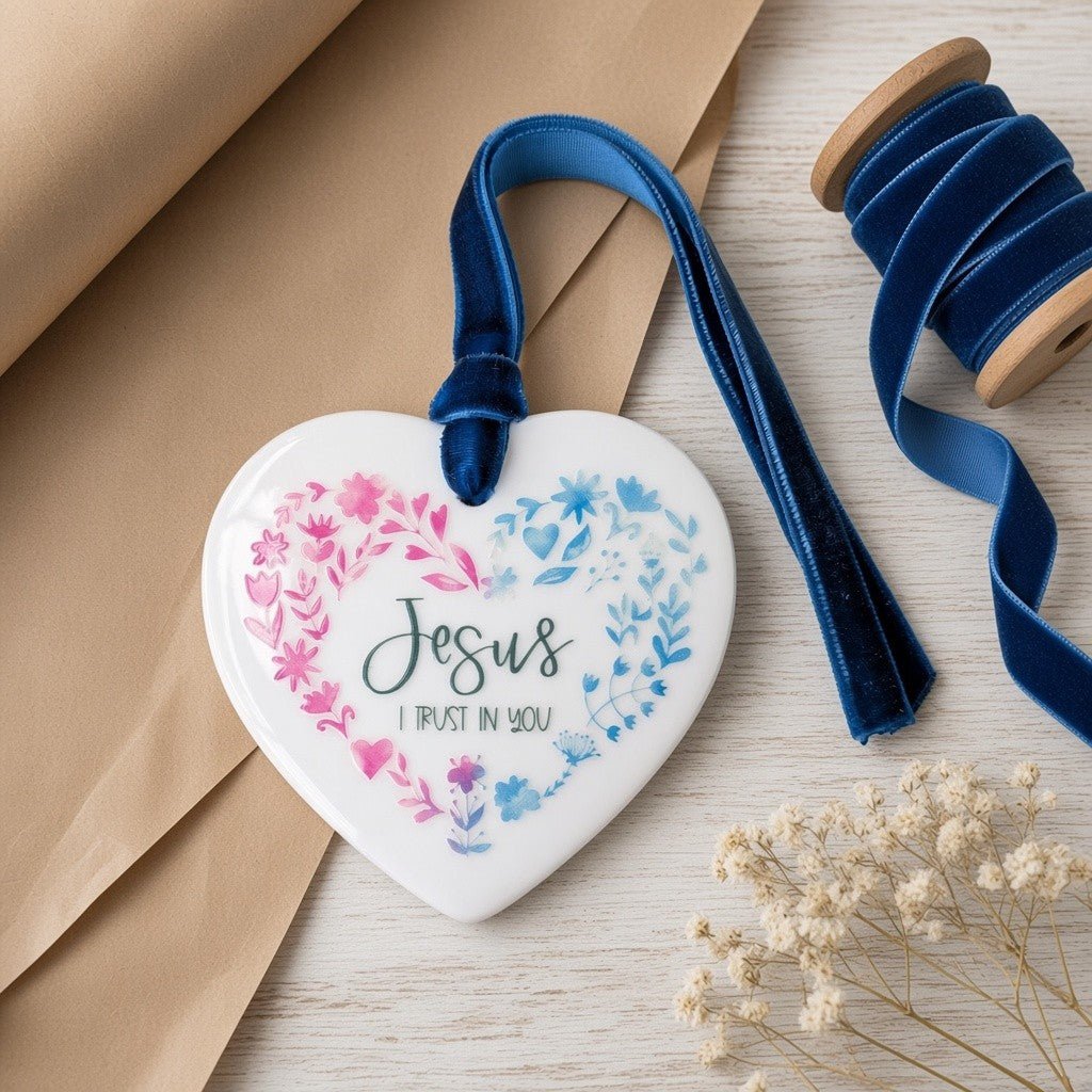 Jesus, I Trust in You Ceramic Heart Ornament — Divine Mercy - Firefly Wishes