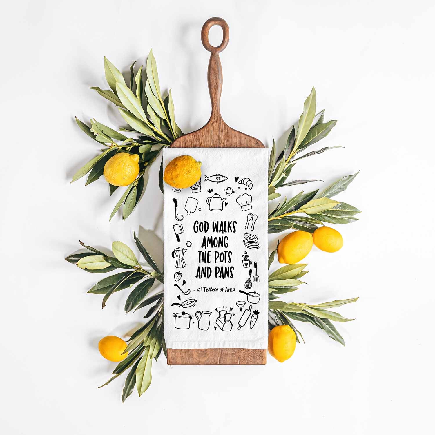 God Walks Among the Pots and Pans Kitchen Towel