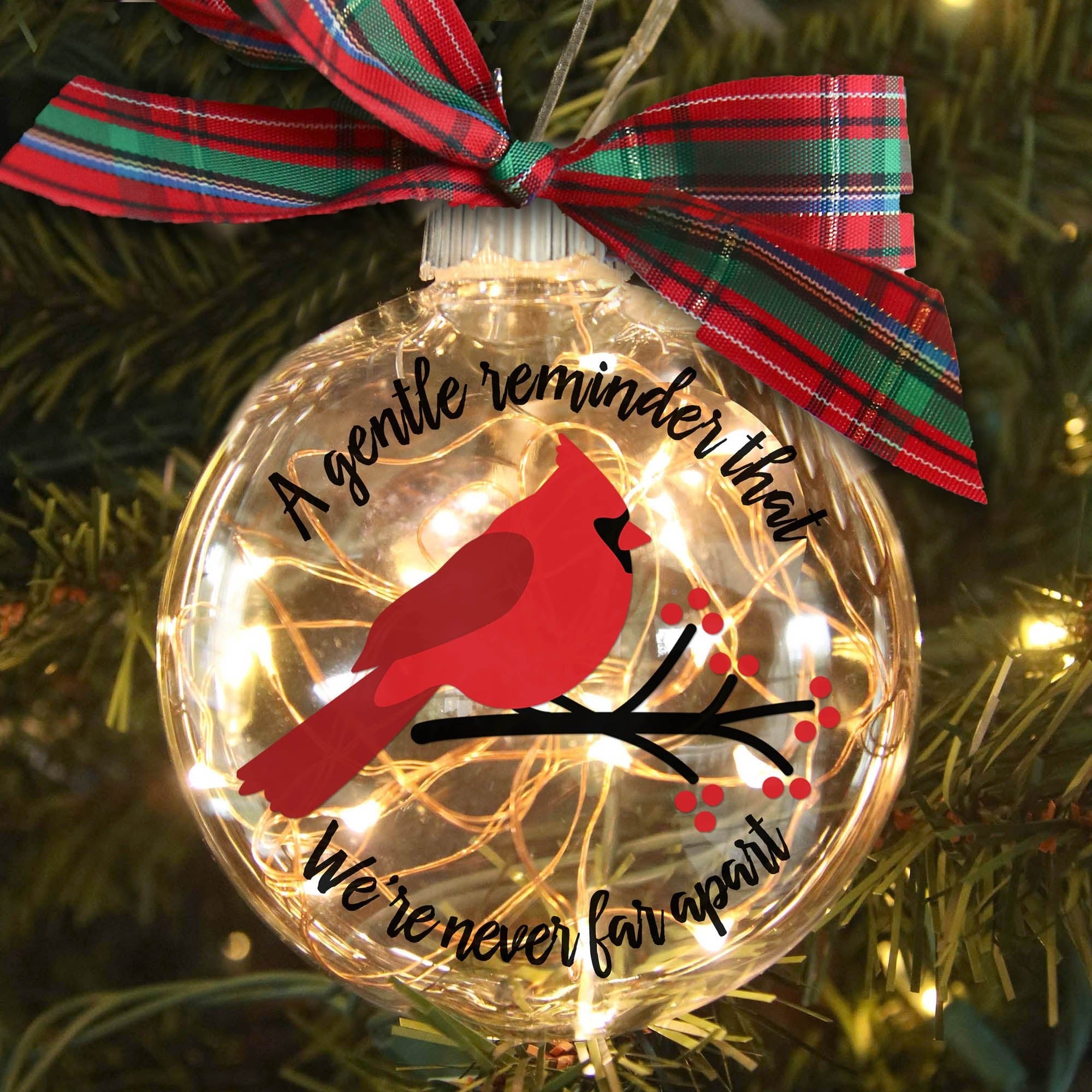 Sympathy Lighted Cardinal Christmas Ornament, Personalized Memorial Gift - Firefly Wishes