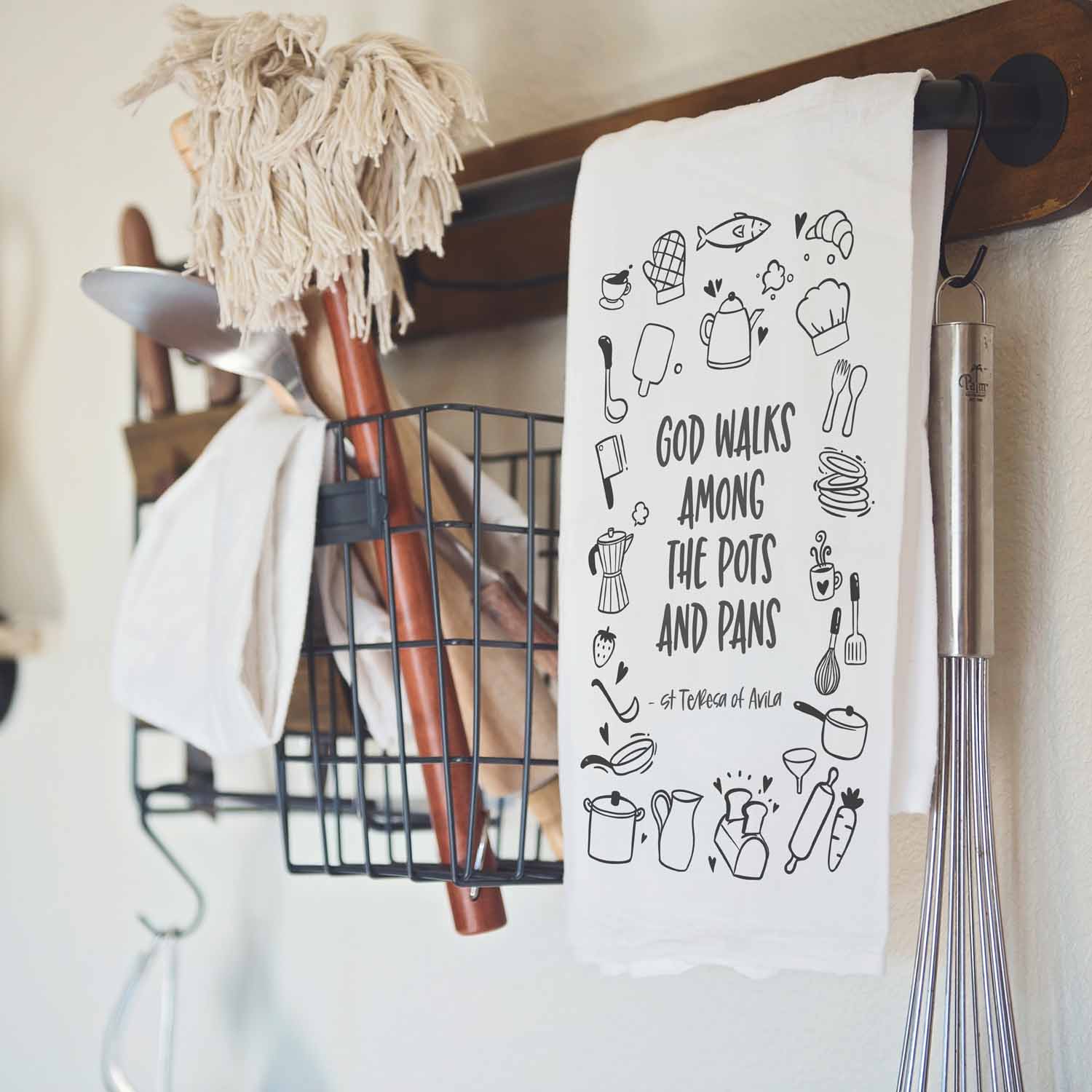God Walks Among the Pots and Pans Kitchen Towel