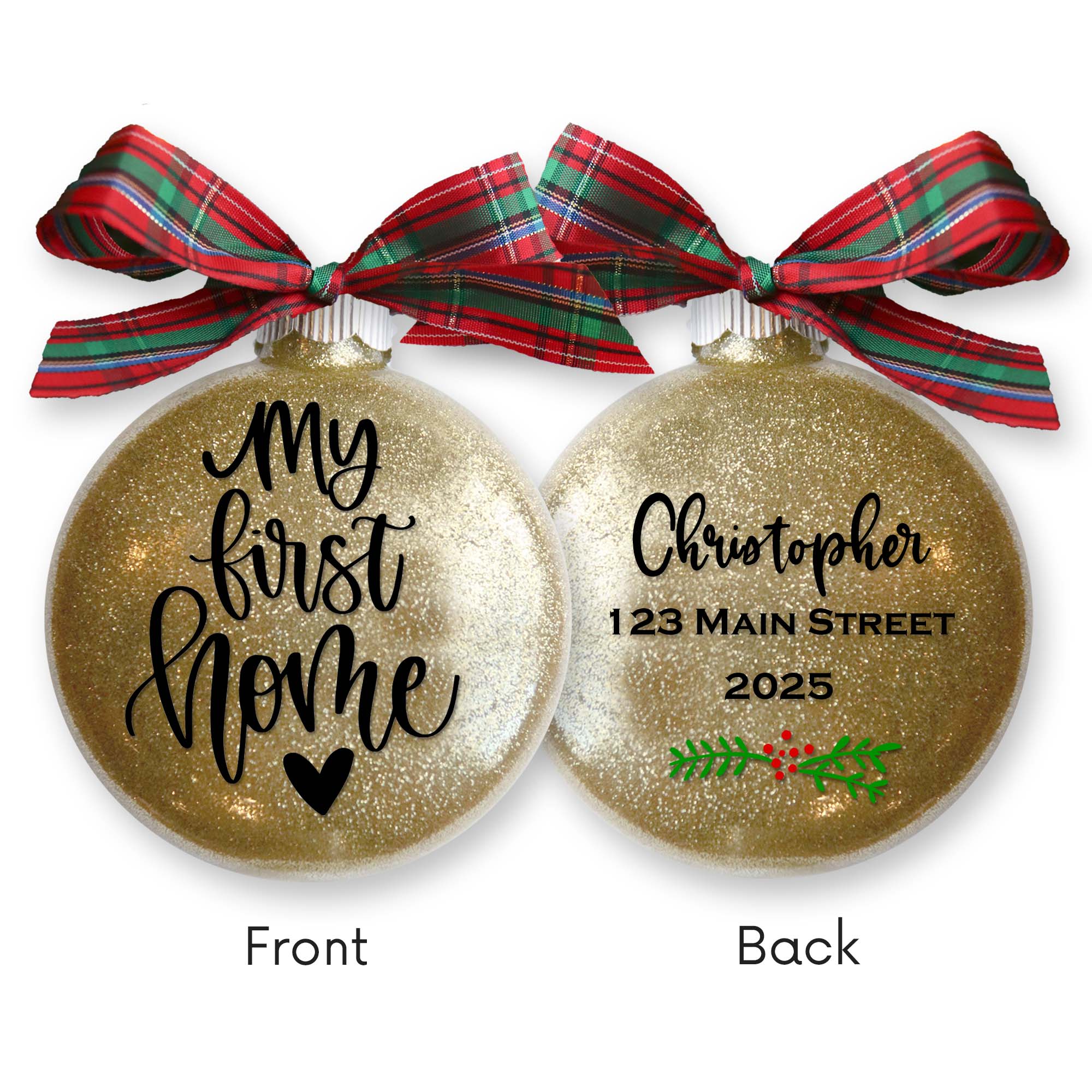 Personalized Our First Home Glitter Christmas Ornament - Names & Address - Firefly Wishes