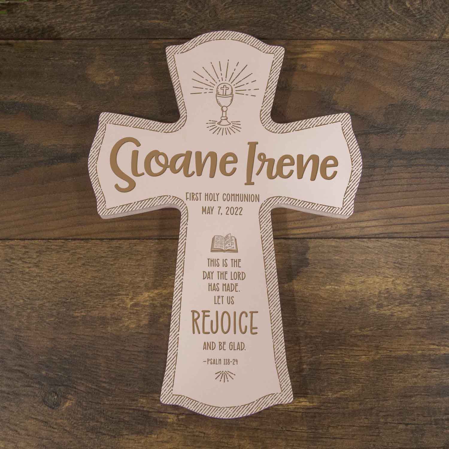 First Holy Communion Personalized Wood Cross - Catholic Keepsake Gift - Firefly Wishes