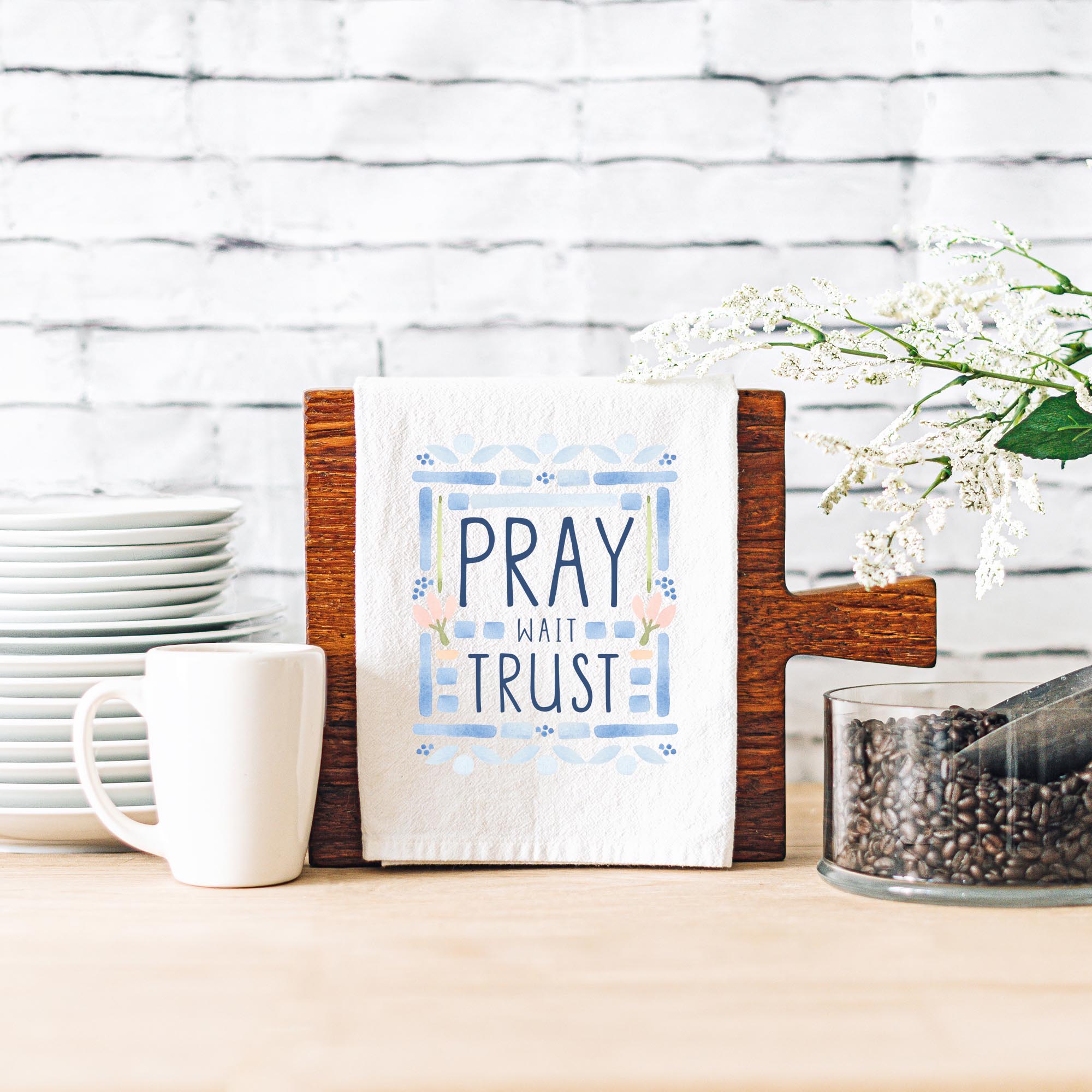 Pray Wait Trust Kitchen Towel - Christian Home Decor & Encouragement Gift - Firefly Wishes