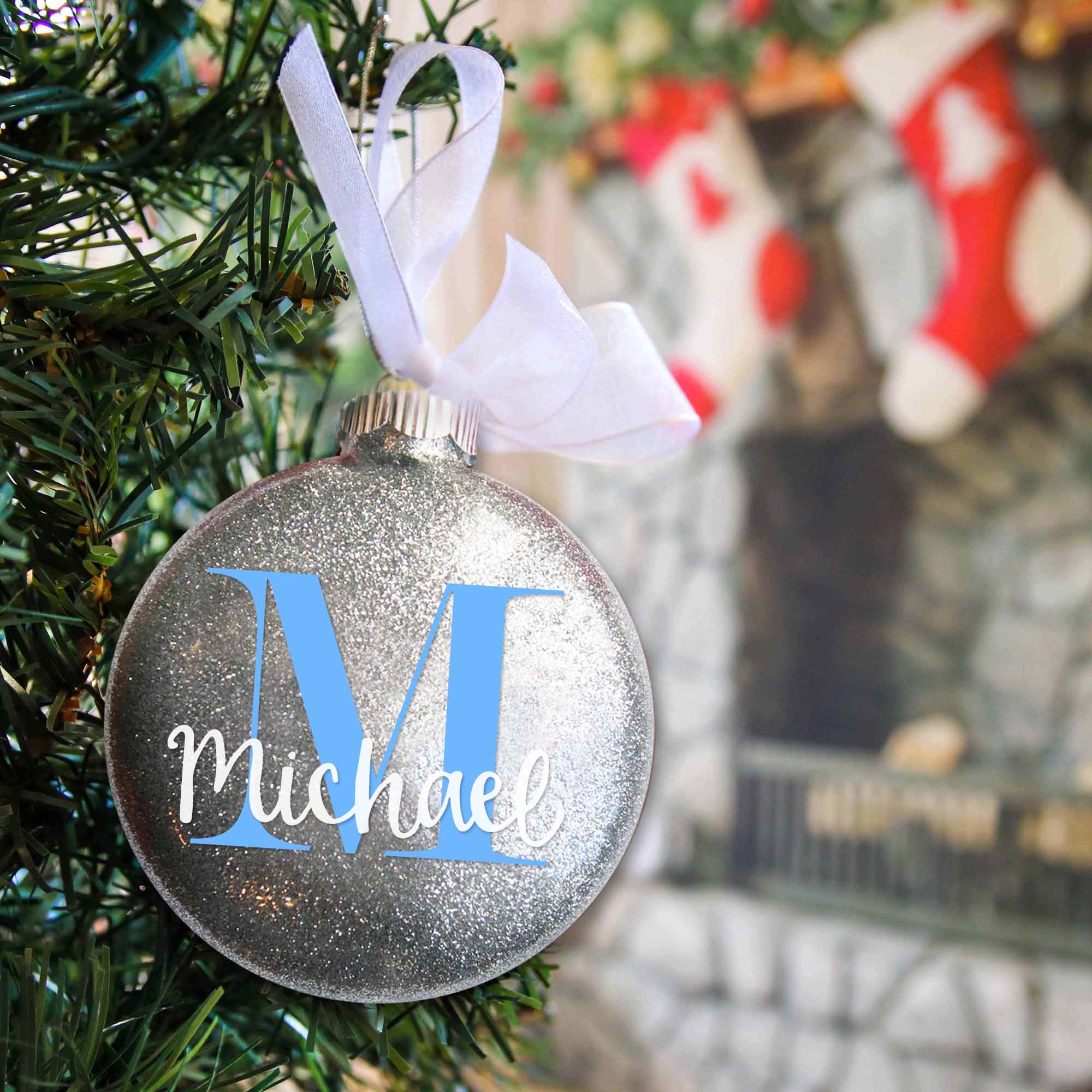 Baby Boy Birth Stats Glitter Christmas Ornament