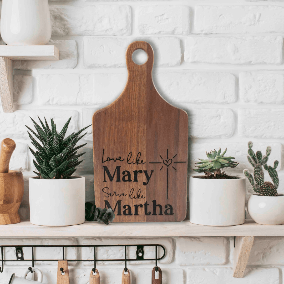 Christian Walnut Wood Cutting Board - Love Like Mary Serve Like Martha - Firefly Wishes