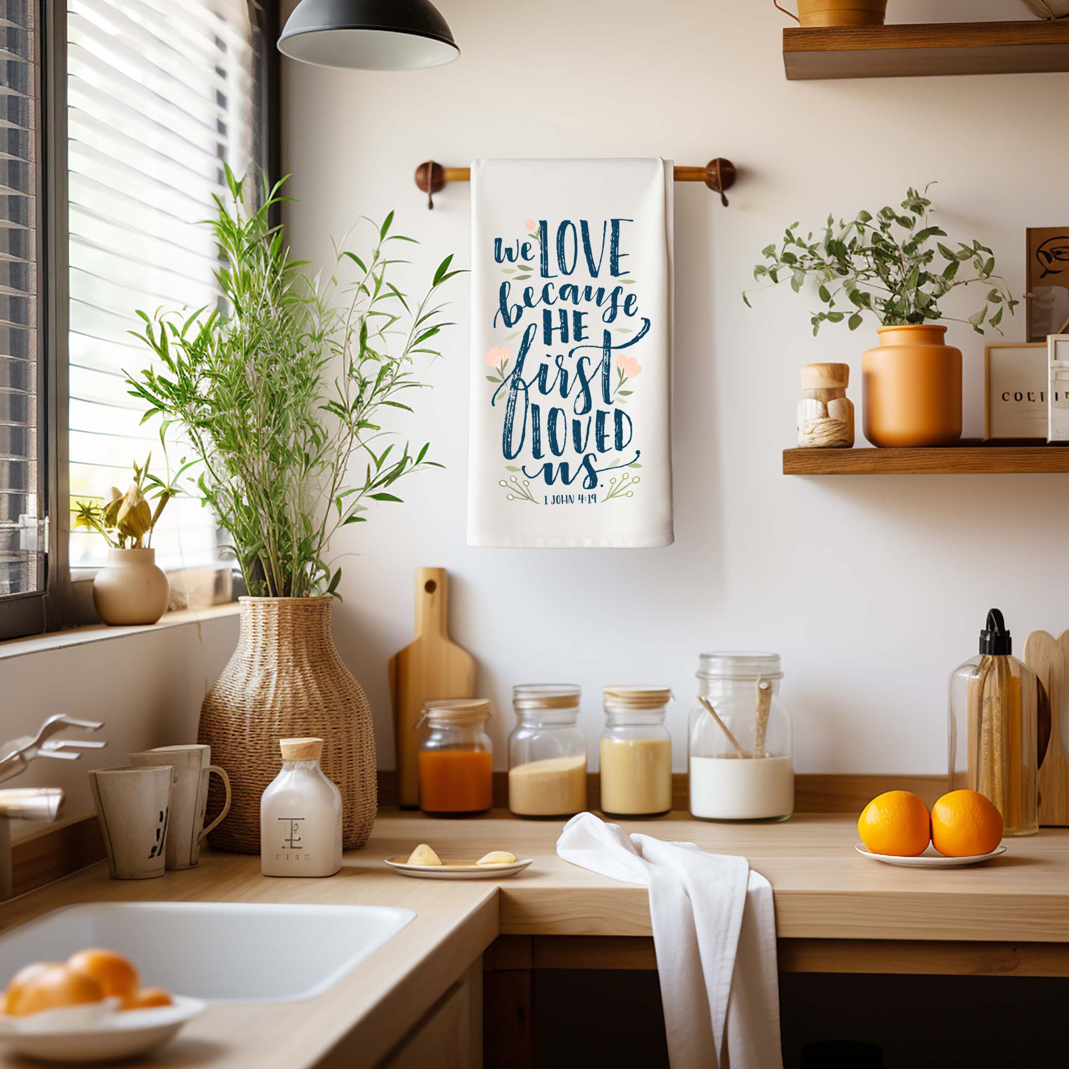 We Love Because He First Loved Us – Christian Wedding & Anniversary Gift Kitchen Towel (1 John 4:19) - Firefly Wishes