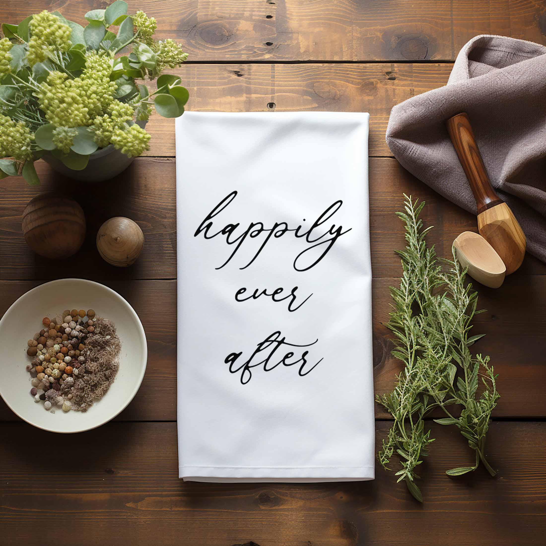 Happily Ever After Kitchen Towel - Unique Bridal Shower Gift, Custom Tea Towel - Firefly Wishes