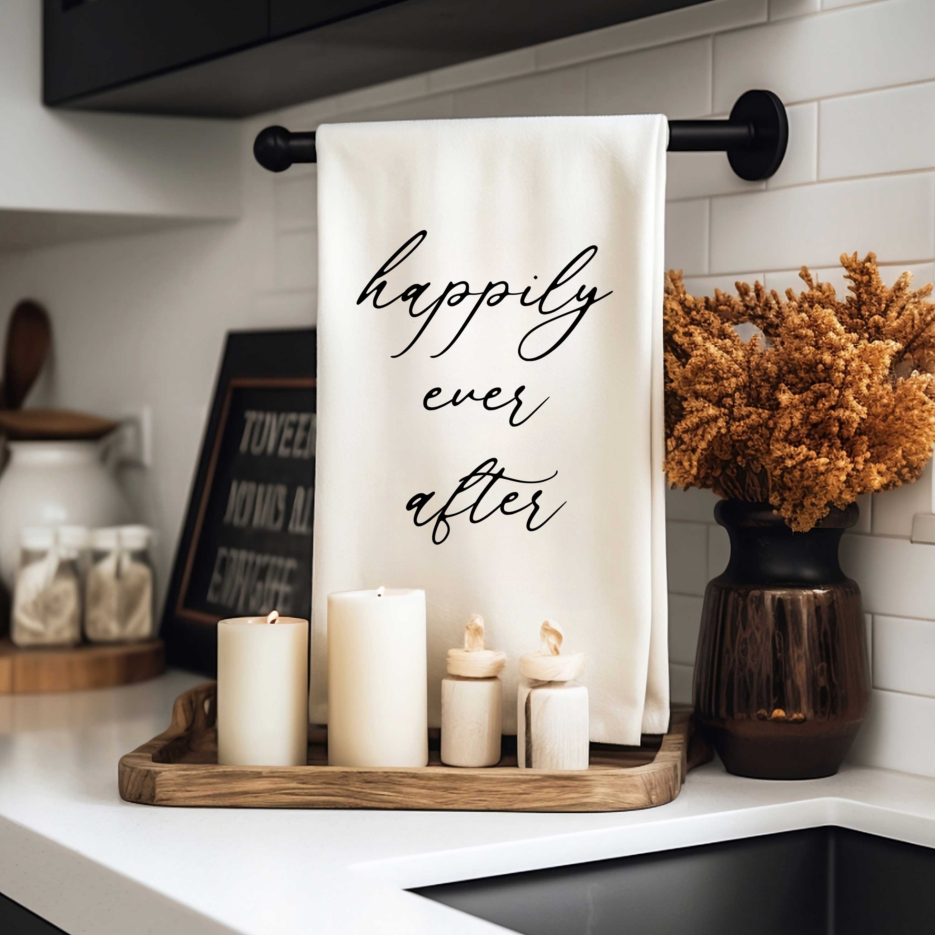 Happily Ever After Kitchen Towel - Unique Bridal Shower Gift, Custom Tea Towel - Firefly Wishes