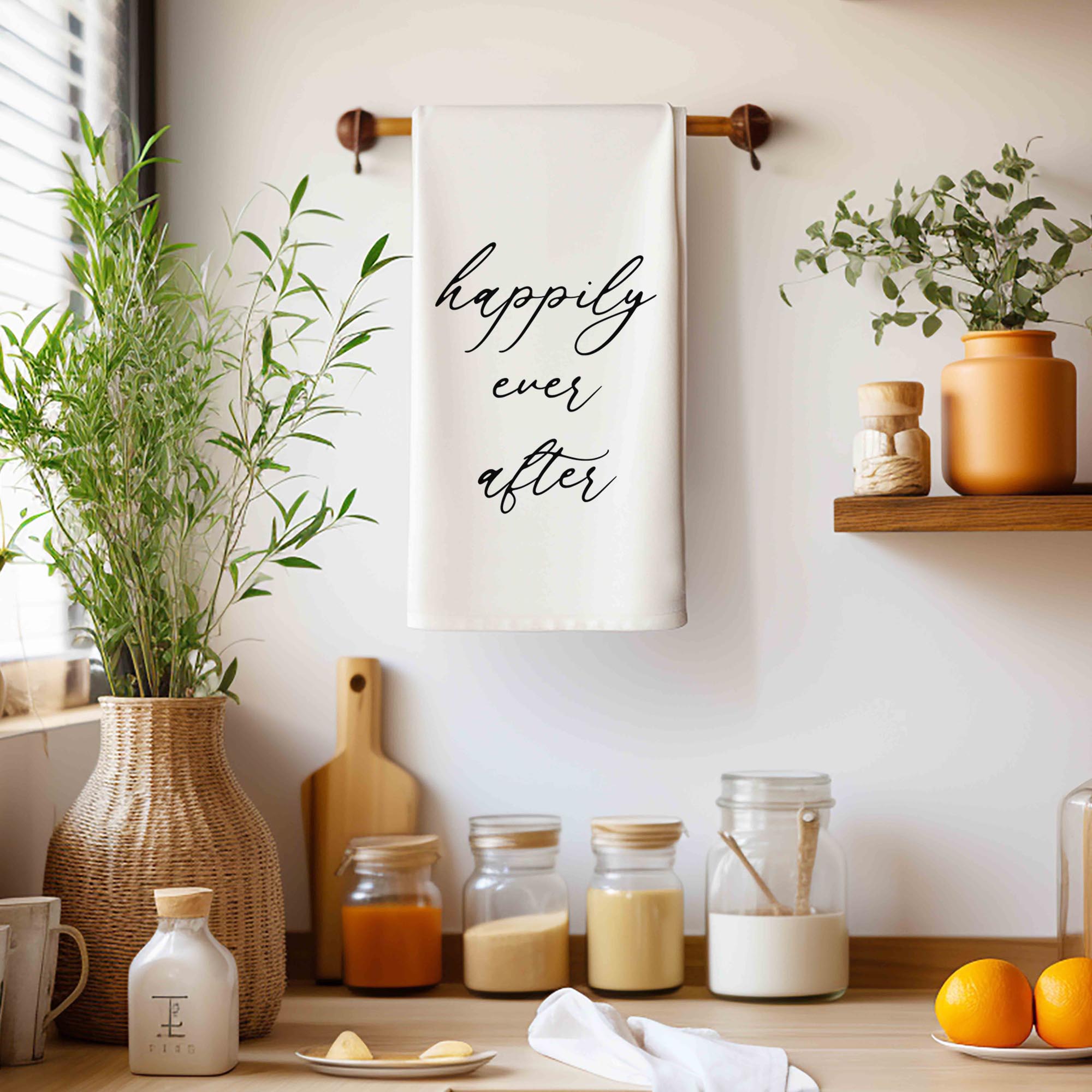Happily Ever After Kitchen Towel - Unique Bridal Shower Gift, Custom Tea Towel - Firefly Wishes