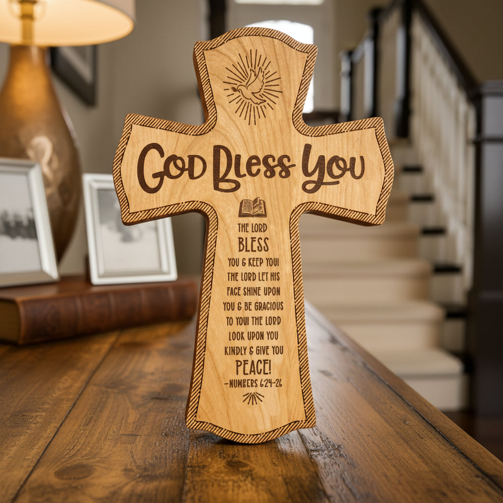 God Bless You Wood Wall Cross — Engraved Scripture Gift