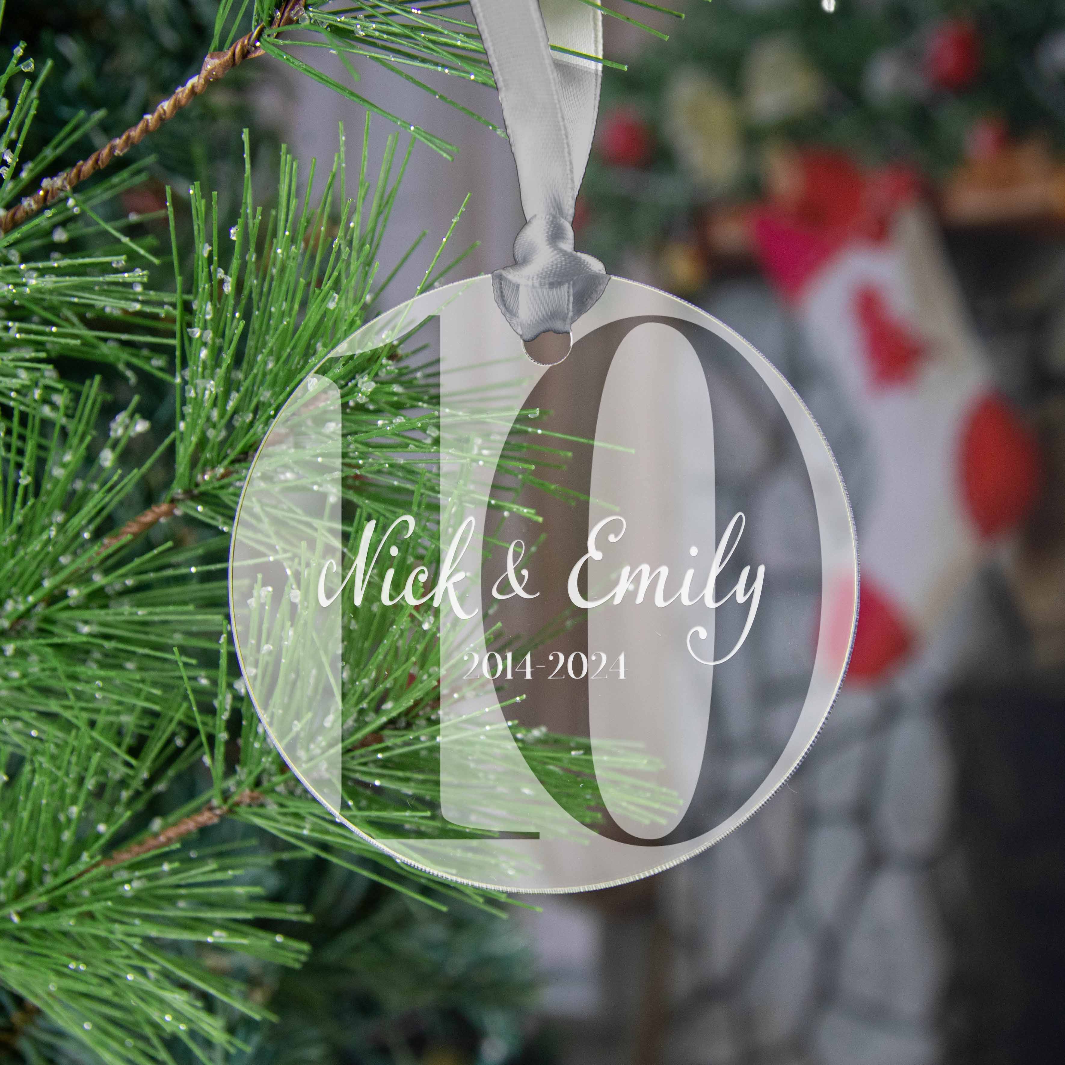 Personalized 10th Wedding Anniversary Ornament - Ten Year Anniversary Gift - Engraved Acrylic Christmas Keepsake - Firefly Wishes
