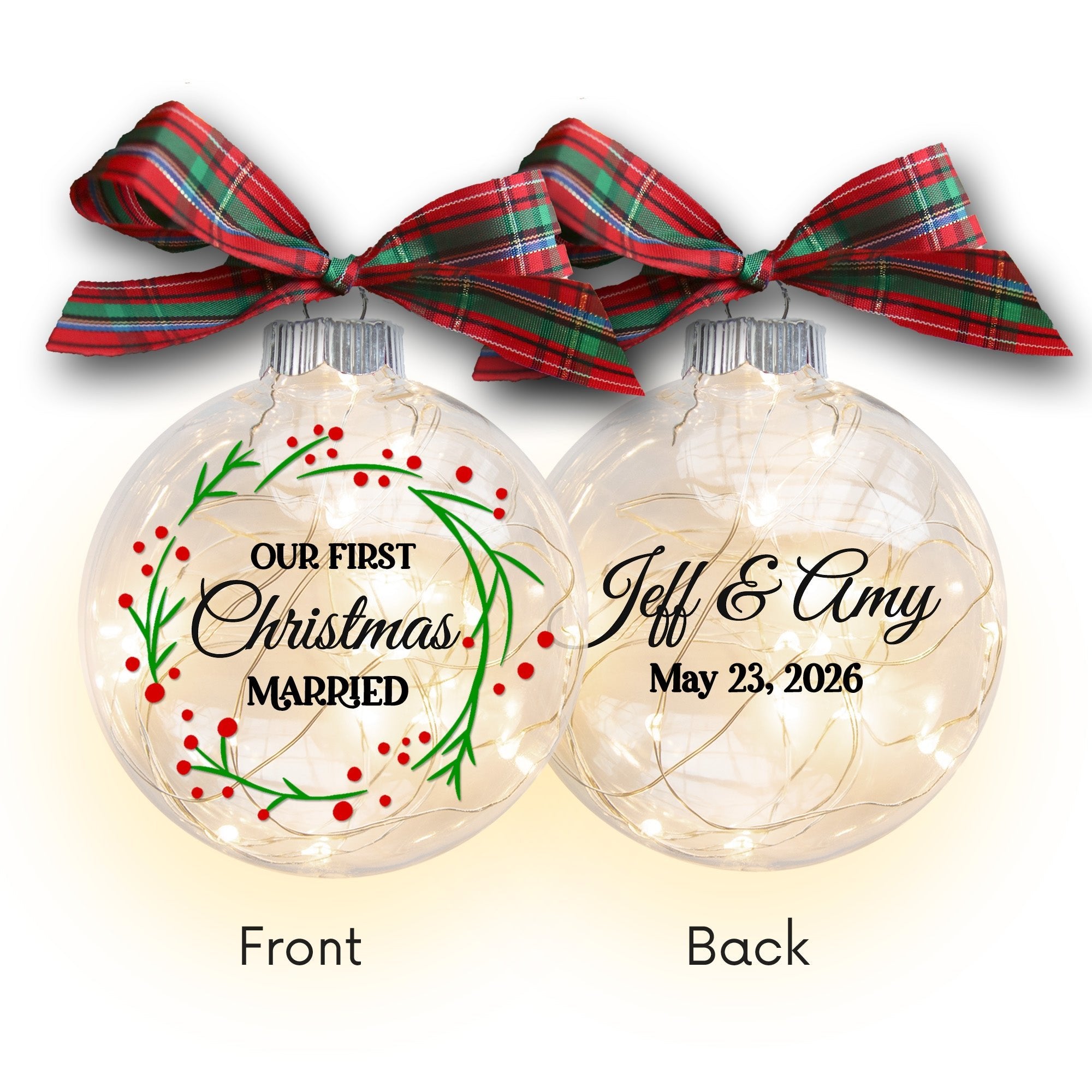 Personalized Our First Christmas Married Lighted Christmas Ornament - Newlywed Gift - Firefly Wishes