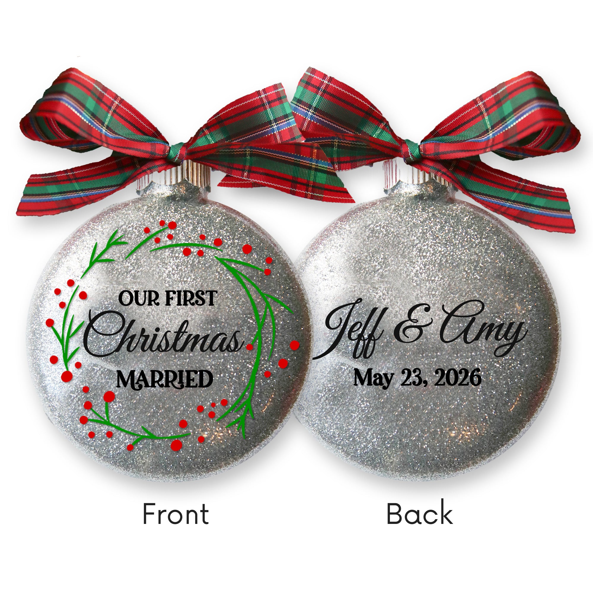 Personalized Our First Christmas Married Glitter Ornament Married