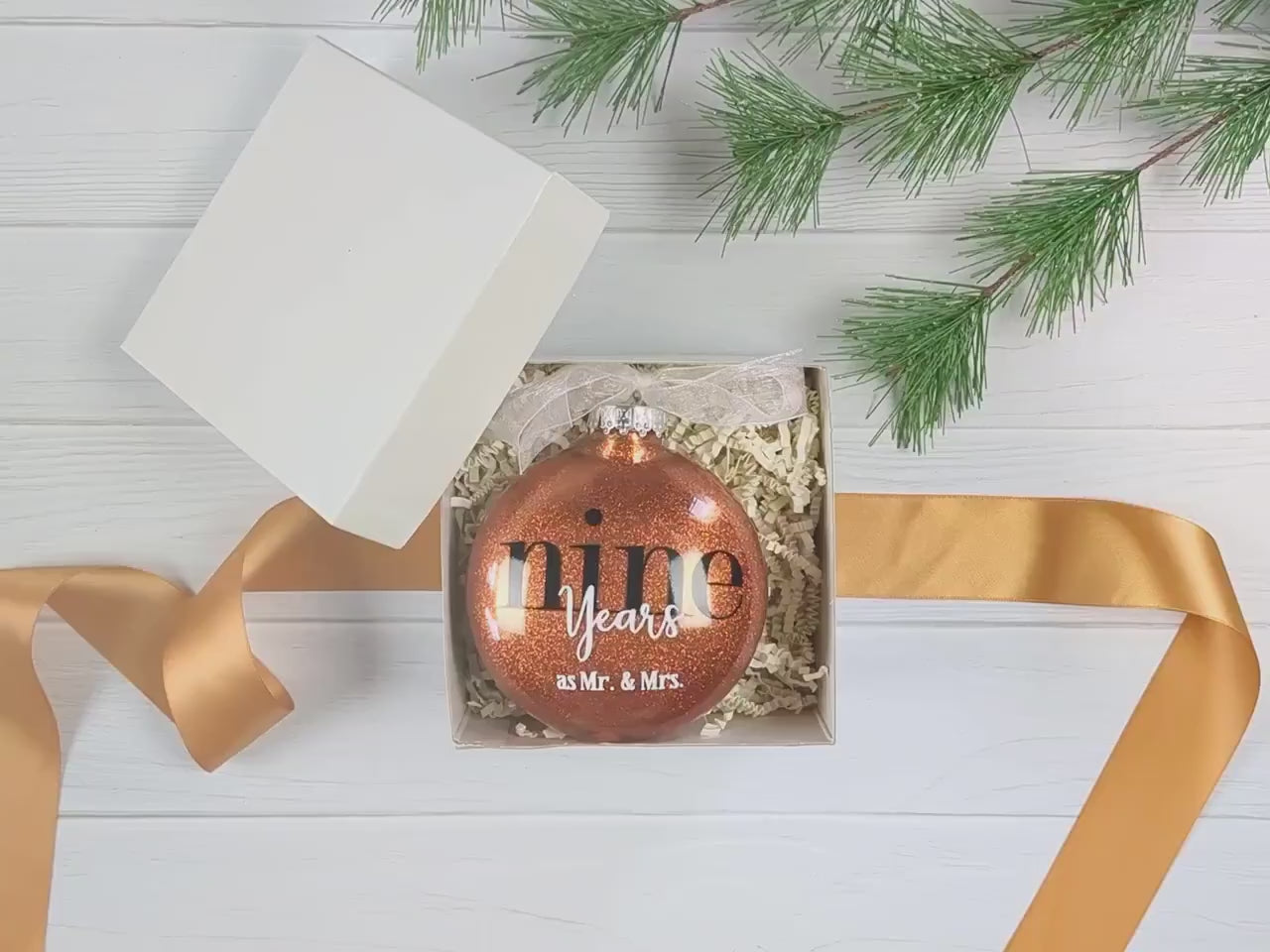 9 year Terra Cotta Color Anniversary Ornament – Personalized 9th Wedding Anniversary Glittered Christmas Gift – Nine Years as Mr & Mrs