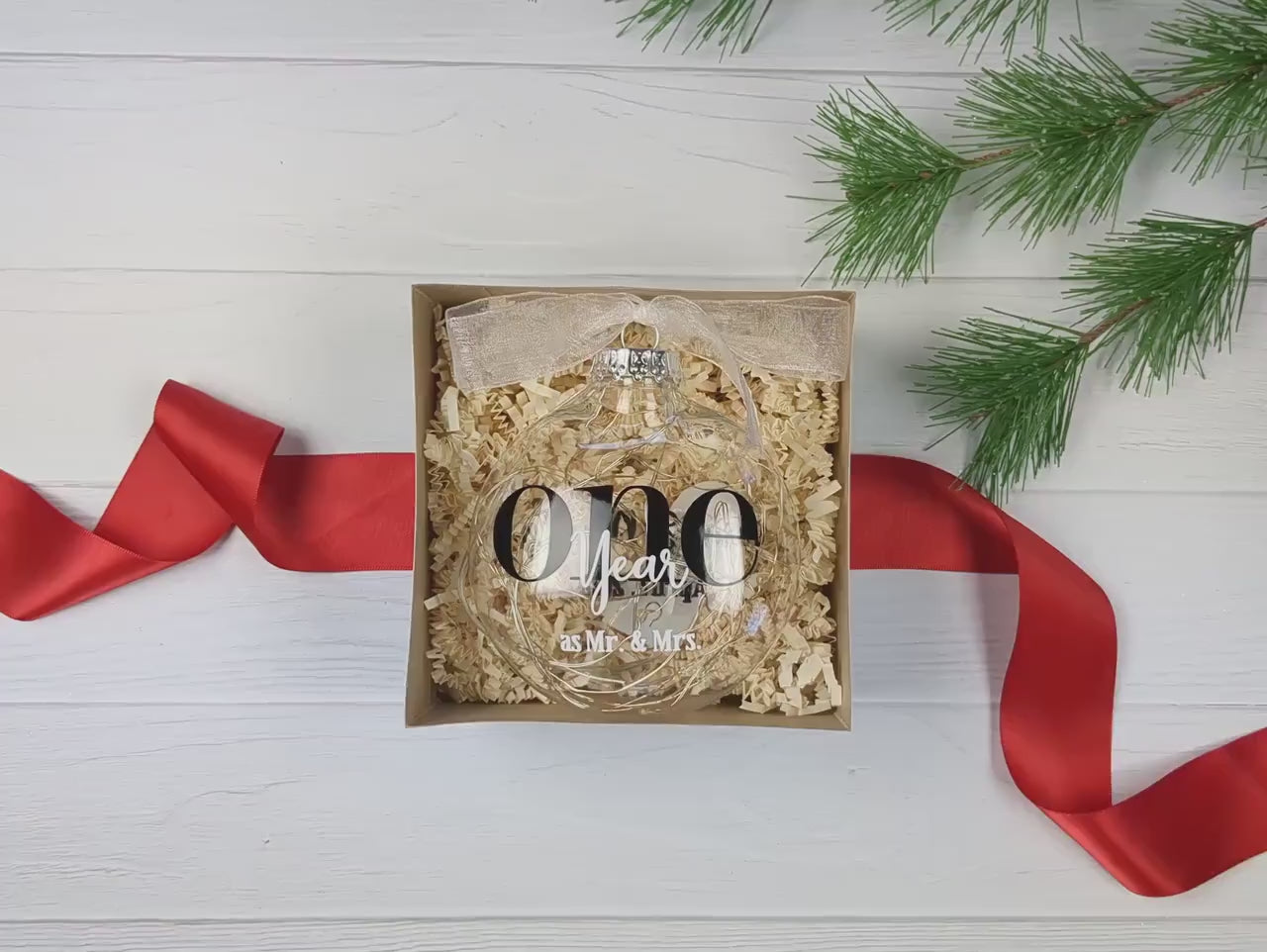 One Year Anniversary Gift – 1st First Wedding Anniversary Lighted Christmas Ornament – One Year as Mr & Mrs – Personalized with Wedding Date