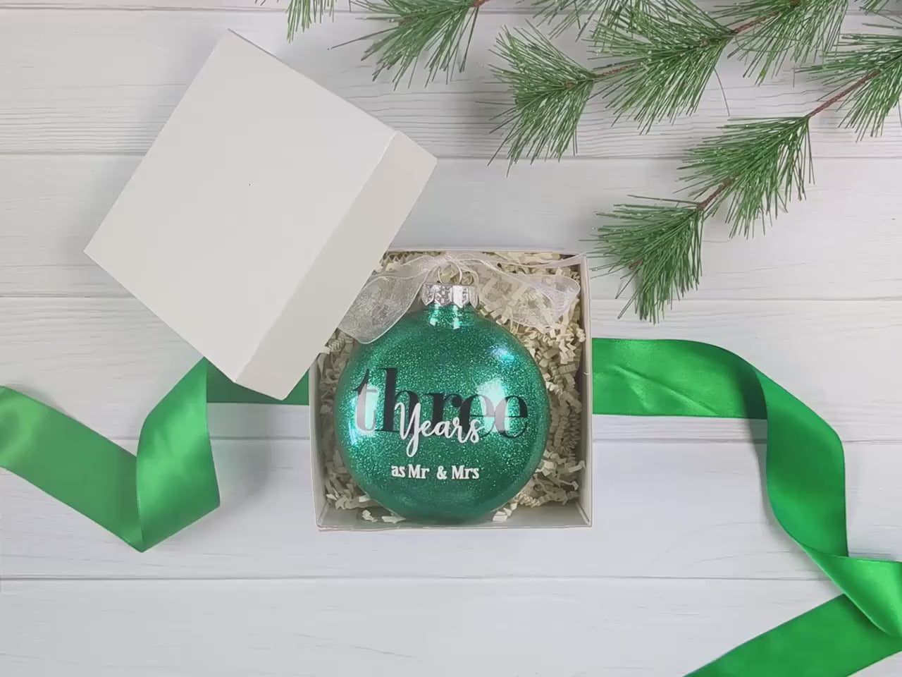 3 year Jade Color Anniversary Ornament – Personalized 3rd Wedding Anniversary Glittered Christmas Gift – Three Years as Mr & Mrs
