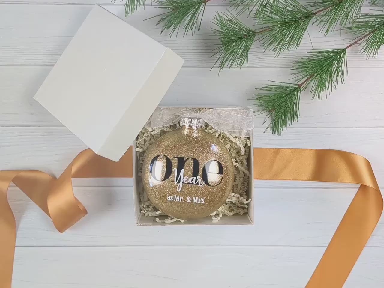 1st year Gold Anniversary Ornament – Personalized First Wedding Anniversary Glittered Christmas Gift – One Year as Mr & Mrs