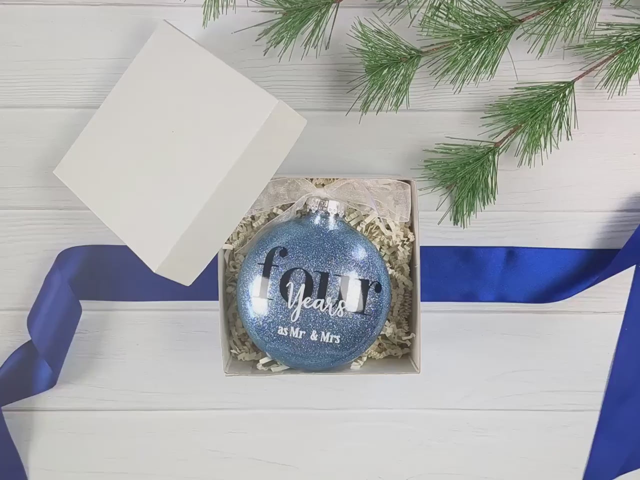 4 year Blue Topaz Color Anniversary Ornament – Personalized 4th Wedding Anniversary Glittered Christmas Gift – Four Years as Mr & Mrs